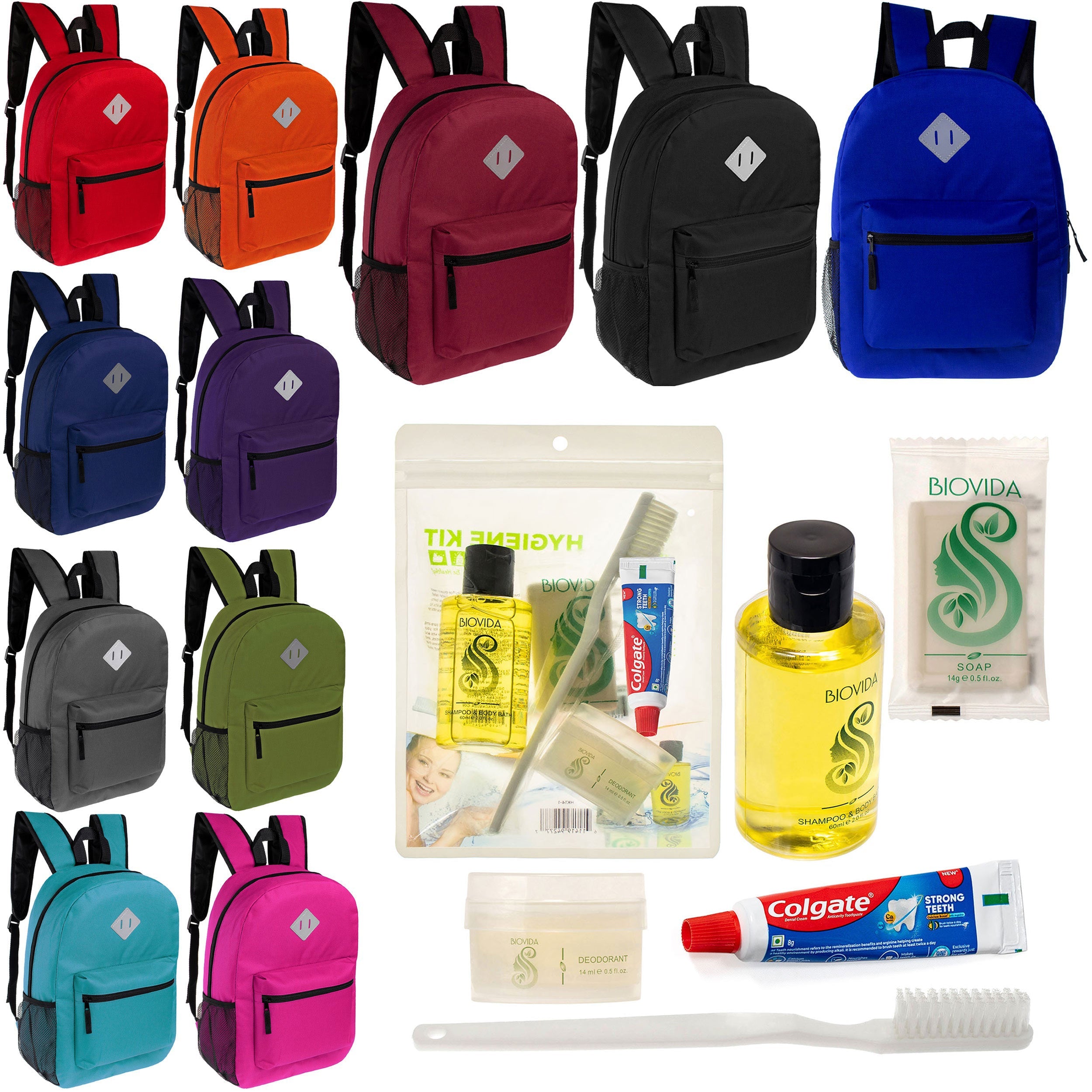 12 Diamond Patch 17" Backpacks in 11 Colors & Your Choice of 12 Bulk Hygiene Kits - Wholesale Care Package: Homeless, Emergency, Charity