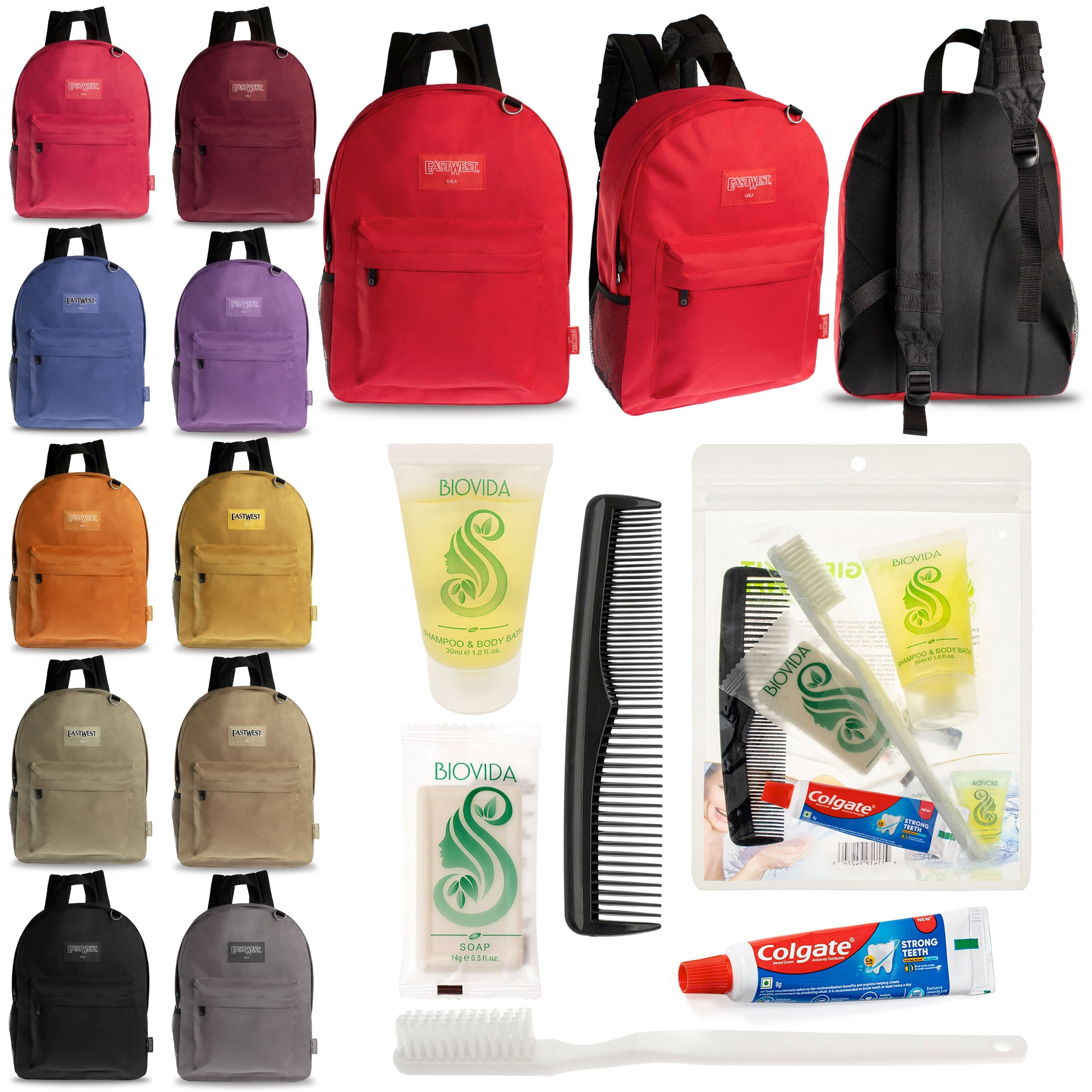 12 Diamond Patch 17" Backpacks in Multi Colors & Your Choice of 12 Bulk Hygiene Kits - Wholesale Care Package: Homeless, Emergency, Charity