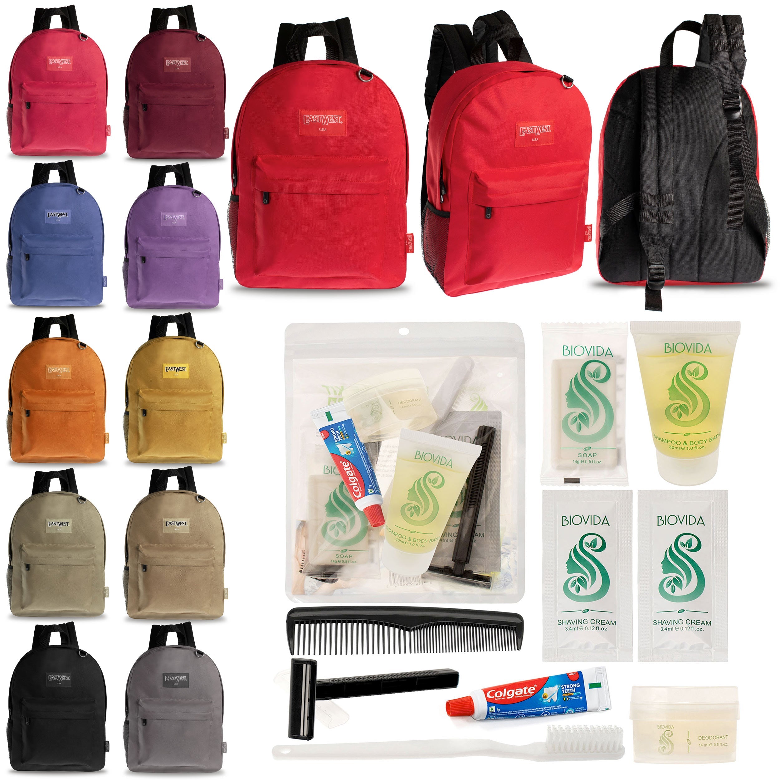 12 Diamond Patch 17" Backpacks in Multi Colors & Your Choice of 12 Bulk Hygiene Kits - Wholesale Care Package: Homeless, Emergency, Charity