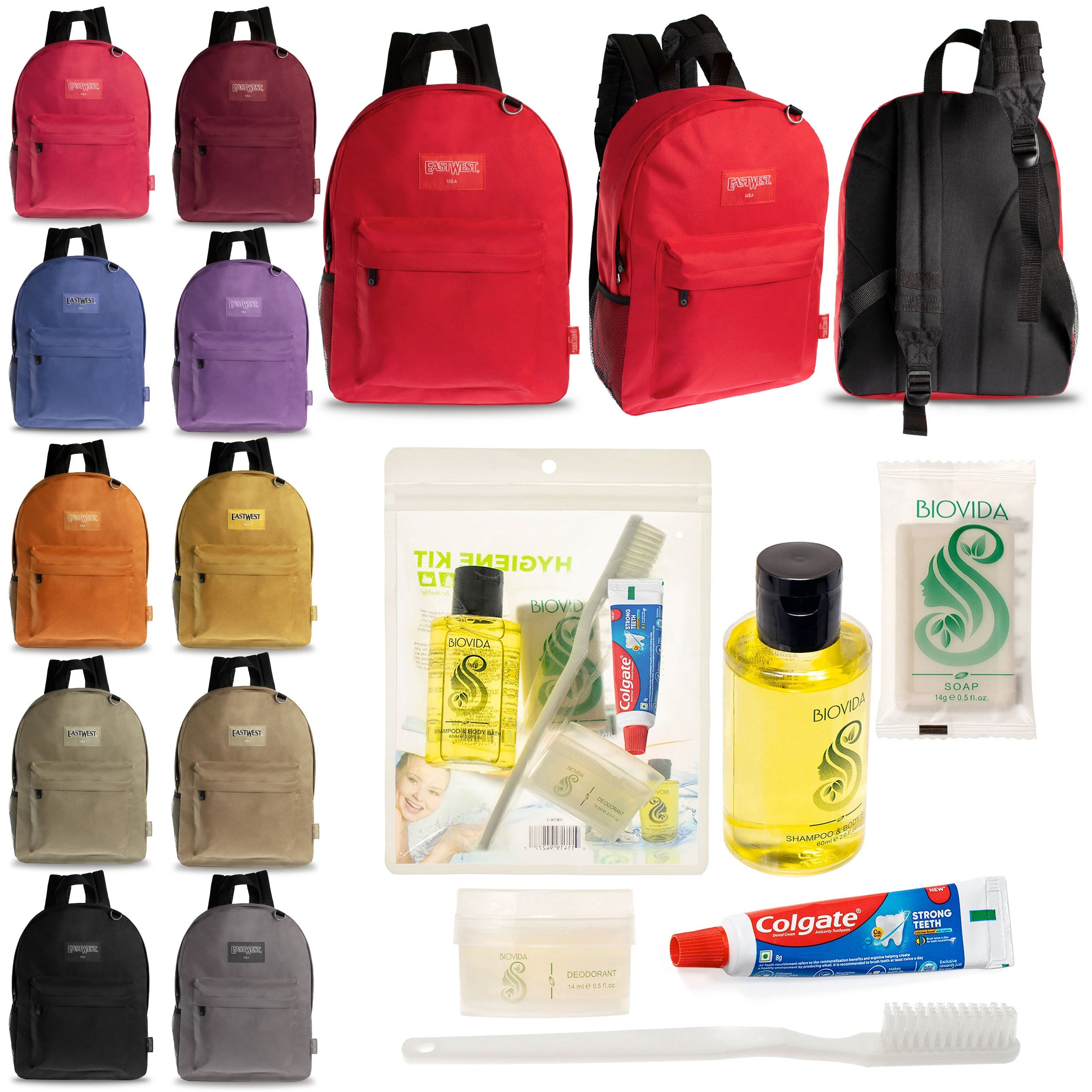 12 Diamond Patch 17" Backpacks in Multi Colors & Your Choice of 12 Bulk Hygiene Kits - Wholesale Care Package: Homeless, Emergency, Charity