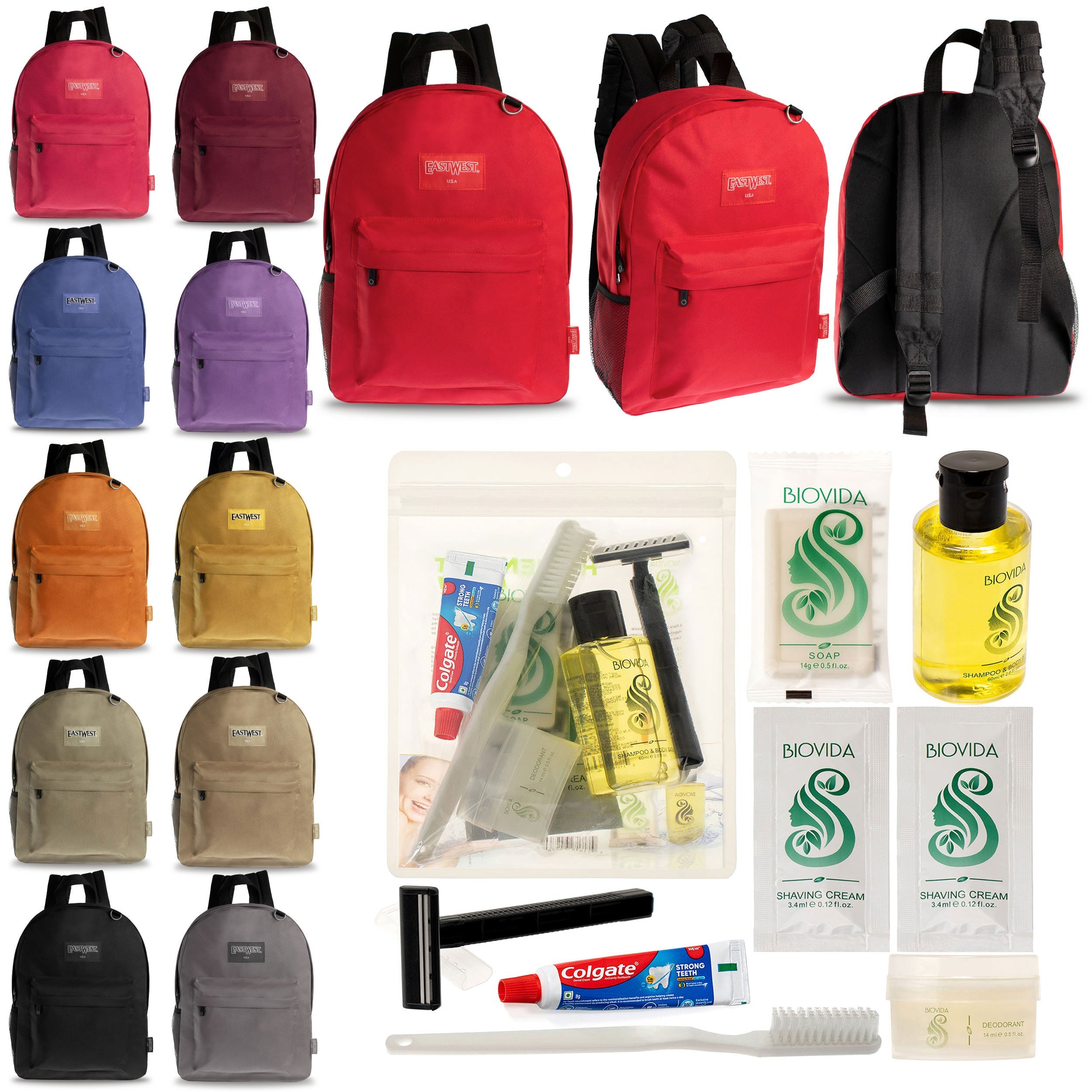 12 Diamond Patch 17" Backpacks in Multi Colors & Your Choice of 12 Bulk Hygiene Kits - Wholesale Care Package: Homeless, Emergency, Charity