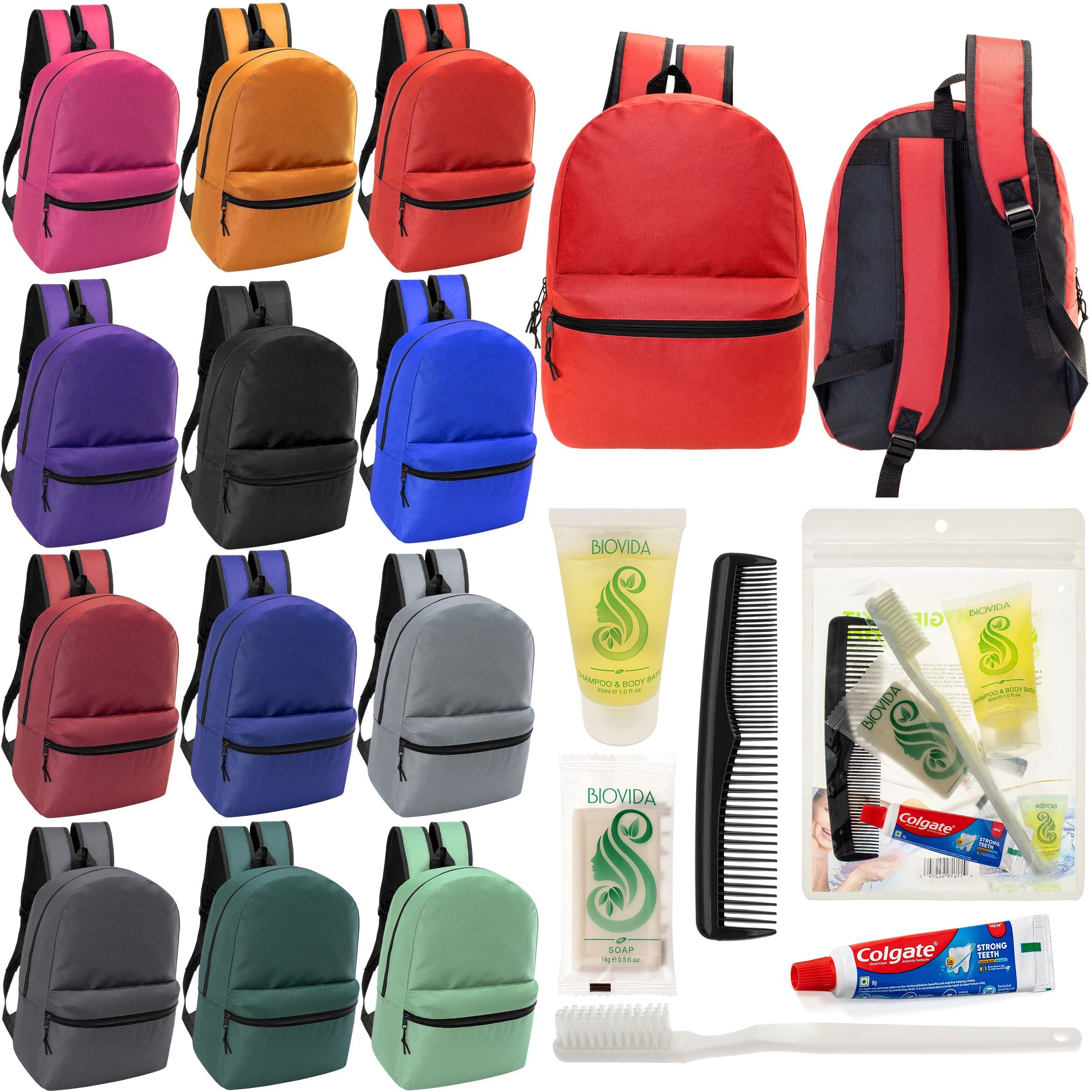 12 Basic 18.5" Backpacks in 12 Assorted Colors & Your Choice of 12 Bulk Hygiene Kits - Wholesale Care Package: Homeless, Emergency, Charity