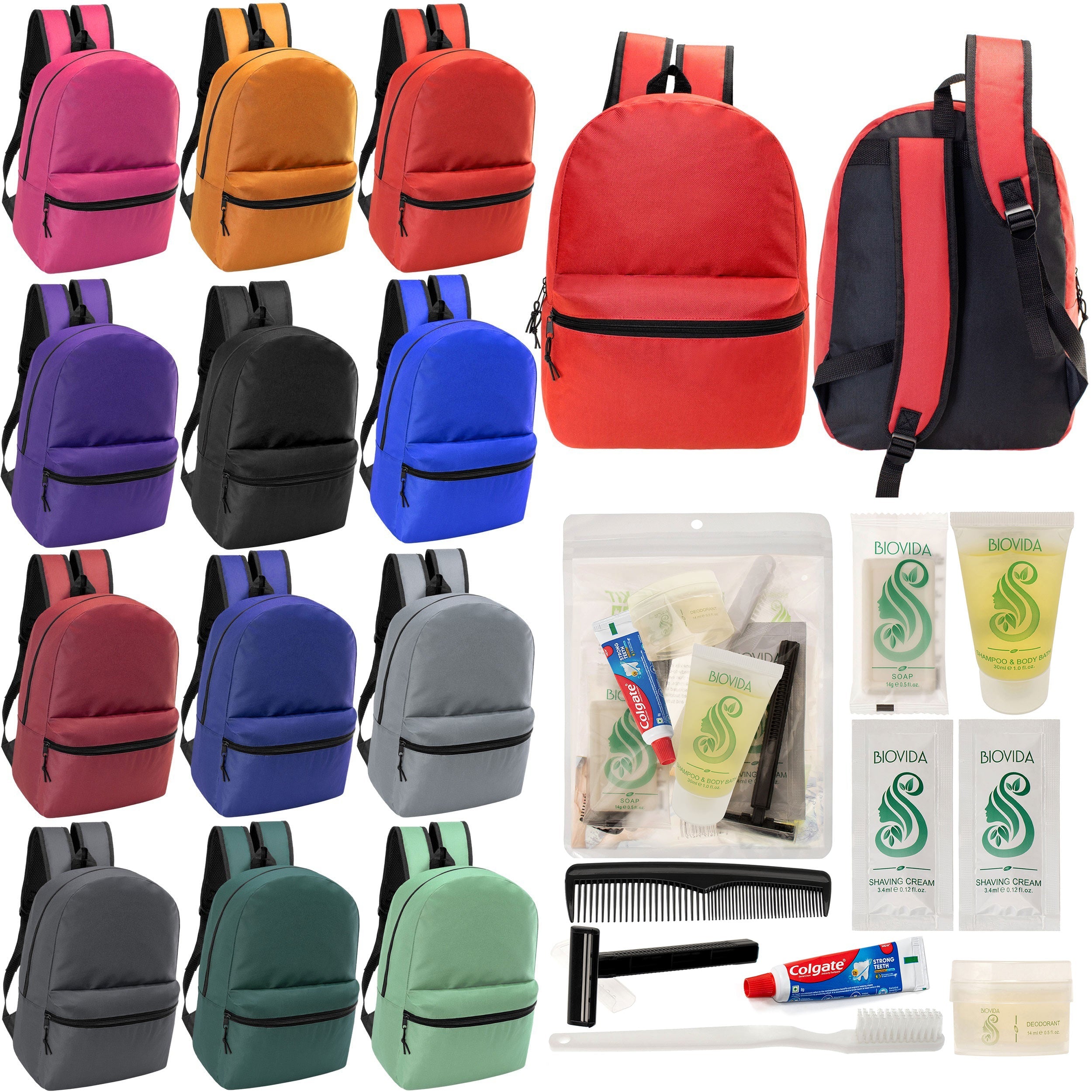 12 Basic 18.5" Backpacks in 12 Assorted Colors & Your Choice of 12 Bulk Hygiene Kits - Wholesale Care Package: Homeless, Emergency, Charity