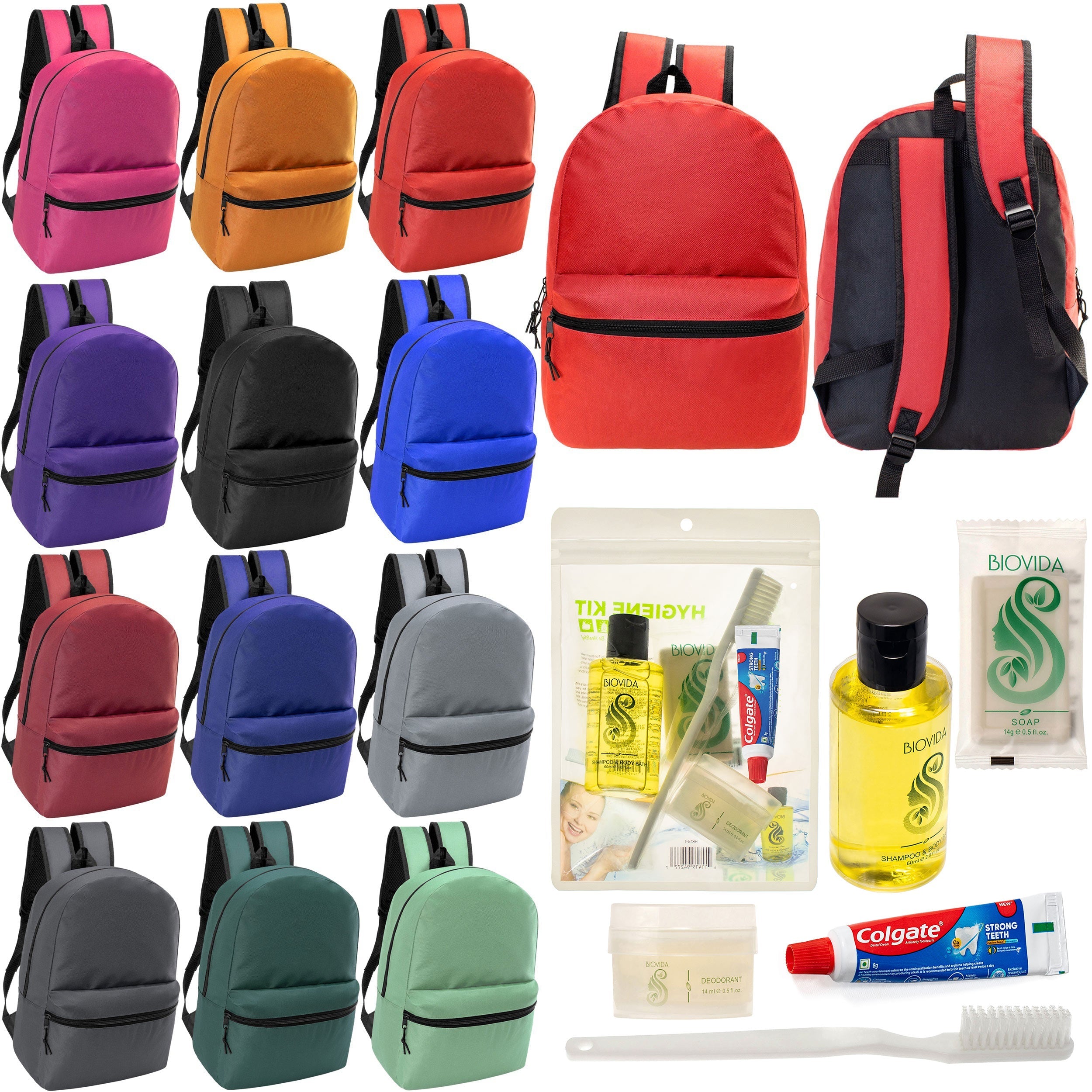 12 Basic 18.5" Backpacks in 12 Assorted Colors & Your Choice of 12 Bulk Hygiene Kits - Wholesale Care Package: Homeless, Emergency, Charity