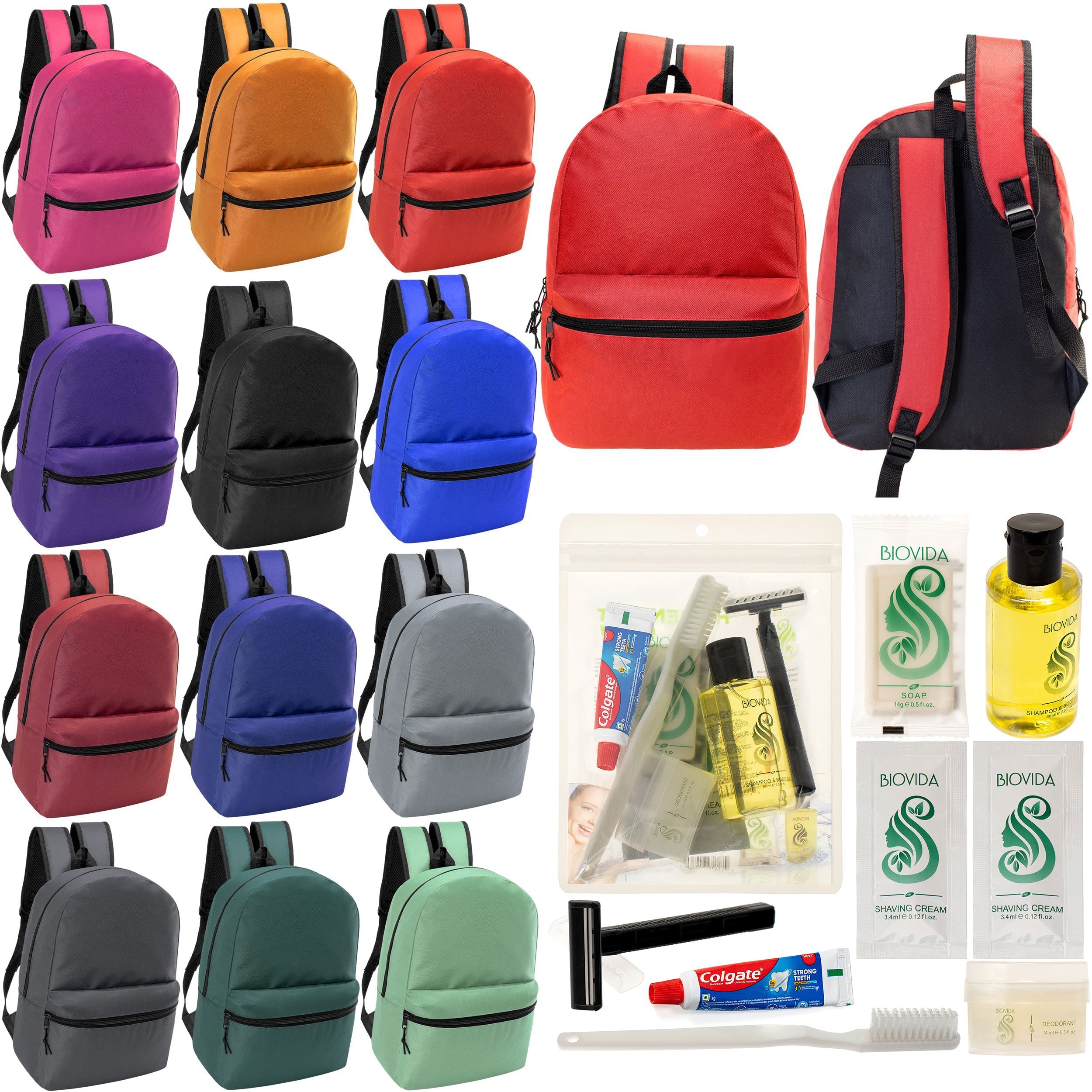 12 Basic 18.5" Backpacks in 12 Assorted Colors & Your Choice of 12 Bulk Hygiene Kits - Wholesale Care Package: Homeless, Emergency, Charity