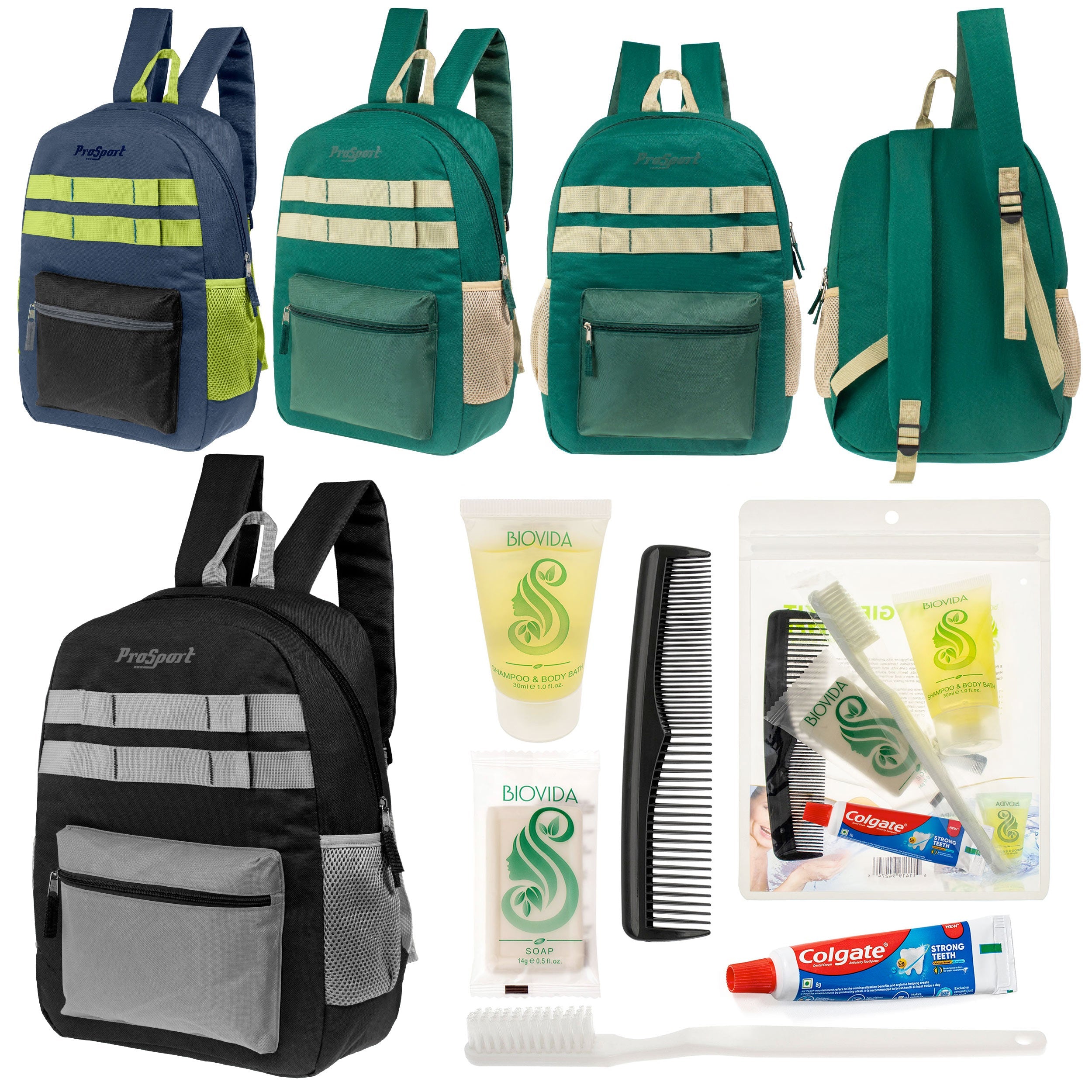 12 Multi-Color 17" Backpacks w/Accent Trim & Your Choice of 12 Bulk Hygiene Kits - Wholesale Care Package: Homeless, Emergency, Charity