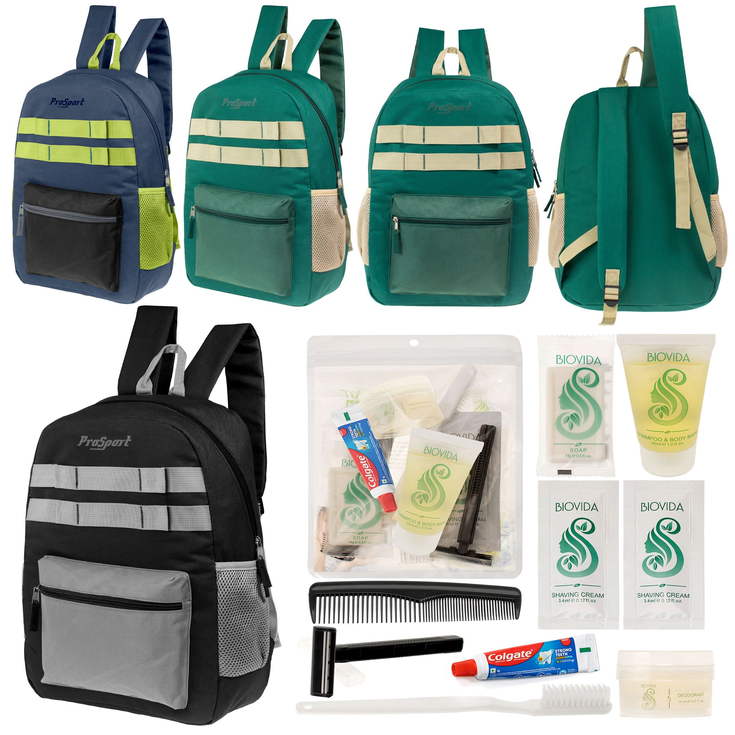 12 Multi-Color 17" Backpacks w/Accent Trim & Your Choice of 12 Bulk Hygiene Kits - Wholesale Care Package: Homeless, Emergency, Charity
