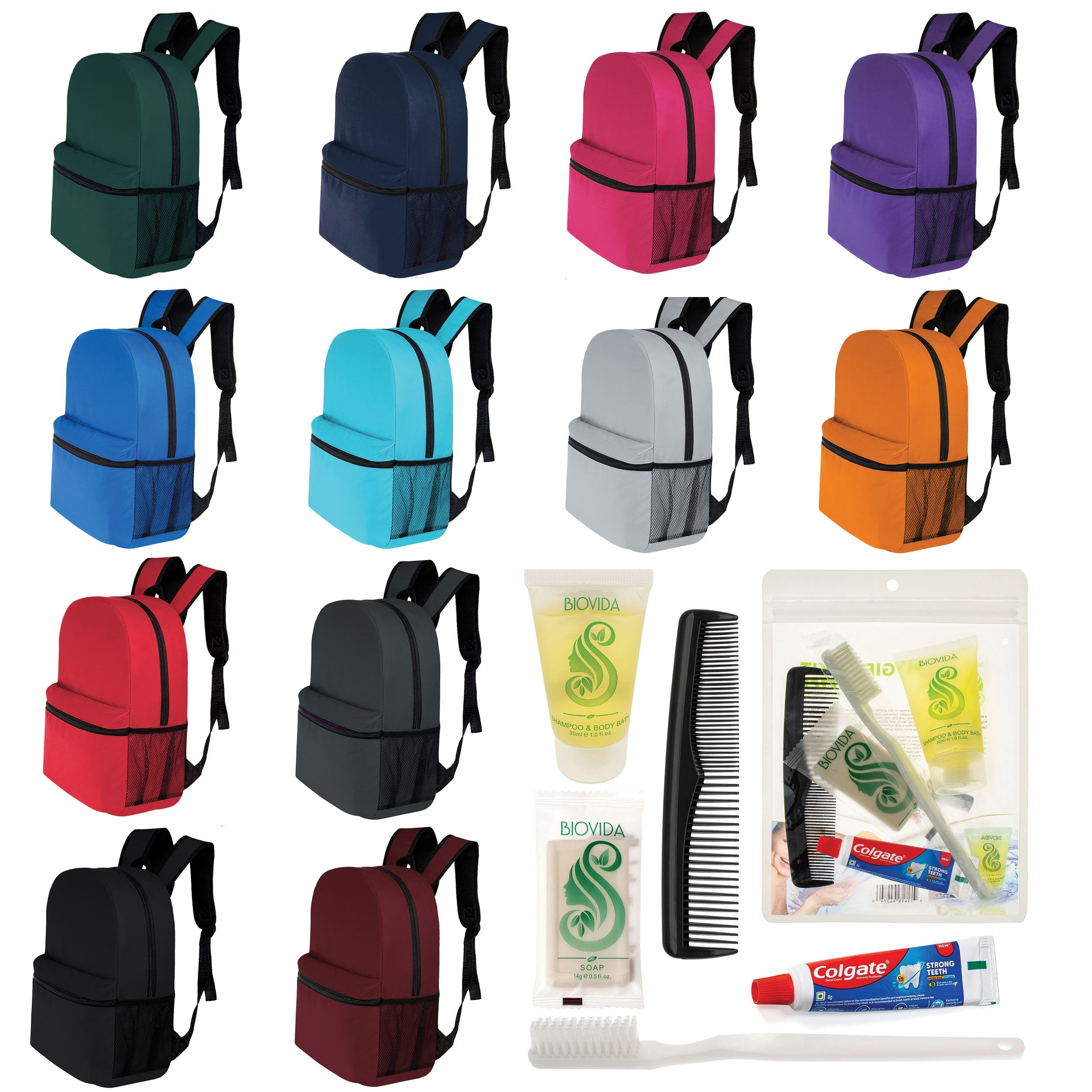 12 Basic 17" Backpacks in 12 Colors with a Side Pocket & Your Choice of 12 Bulk Hygiene Kits - Wholesale Care Package: Homeless, Emergency, Charity