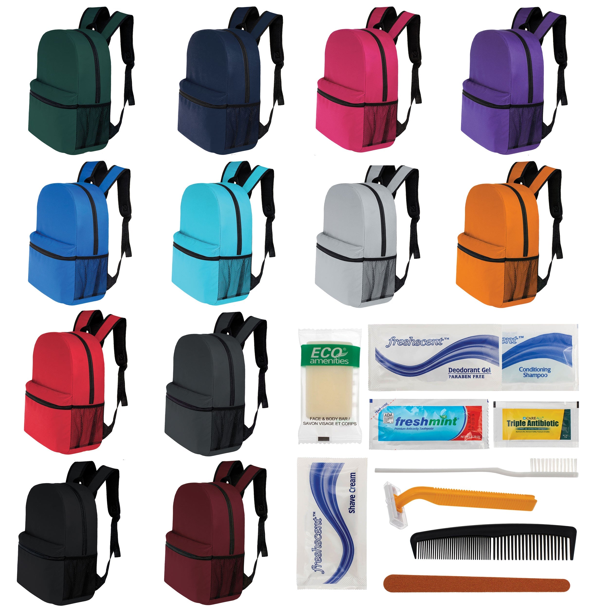 12 Basic 17" Backpacks in 12 Colors with a Side Pocket & Your Choice of 12 Bulk Hygiene Kits - Wholesale Care Package: Homeless, Emergency, Charity