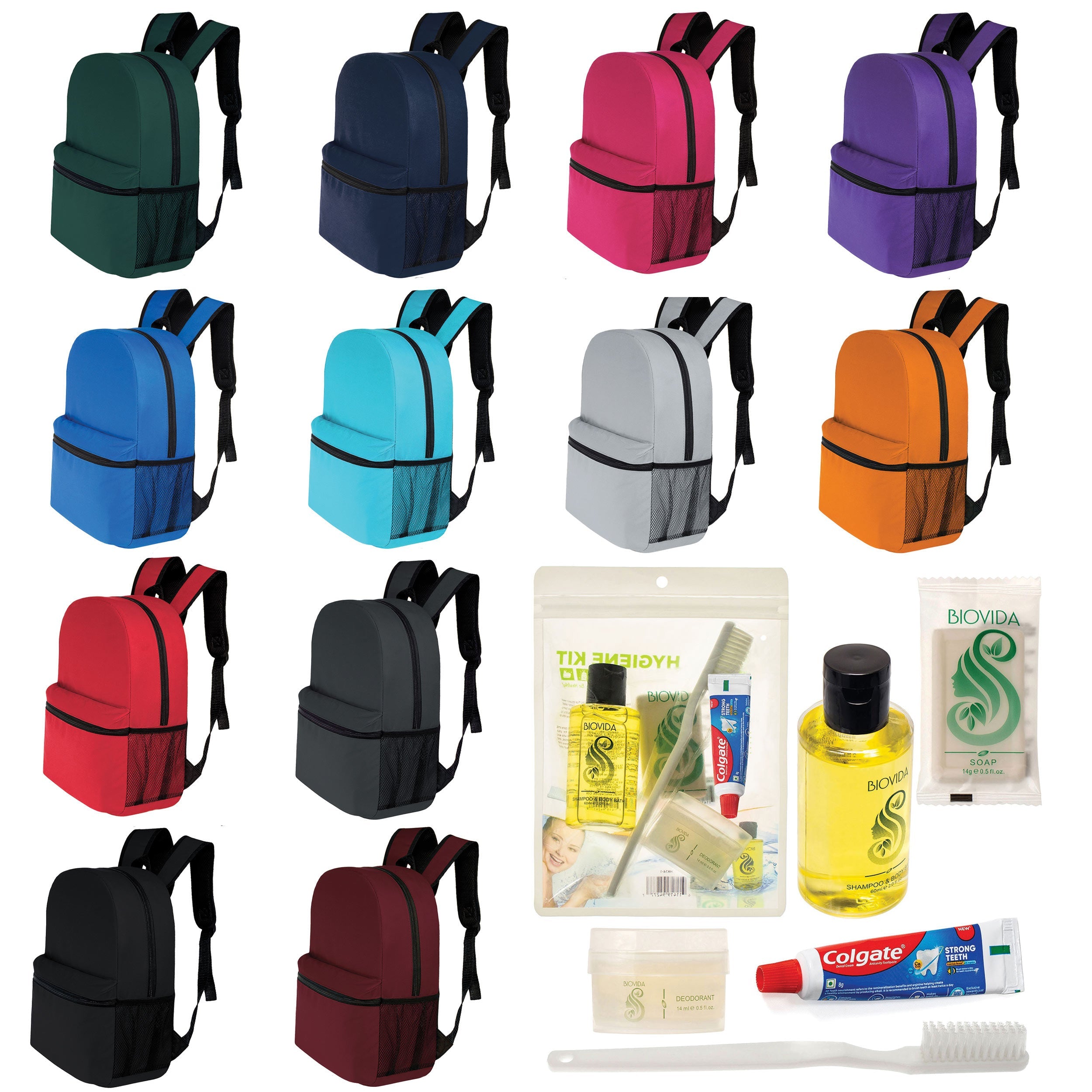12 Basic 17" Backpacks in 12 Colors with a Side Pocket & Your Choice of 12 Bulk Hygiene Kits - Wholesale Care Package: Homeless, Emergency, Charity