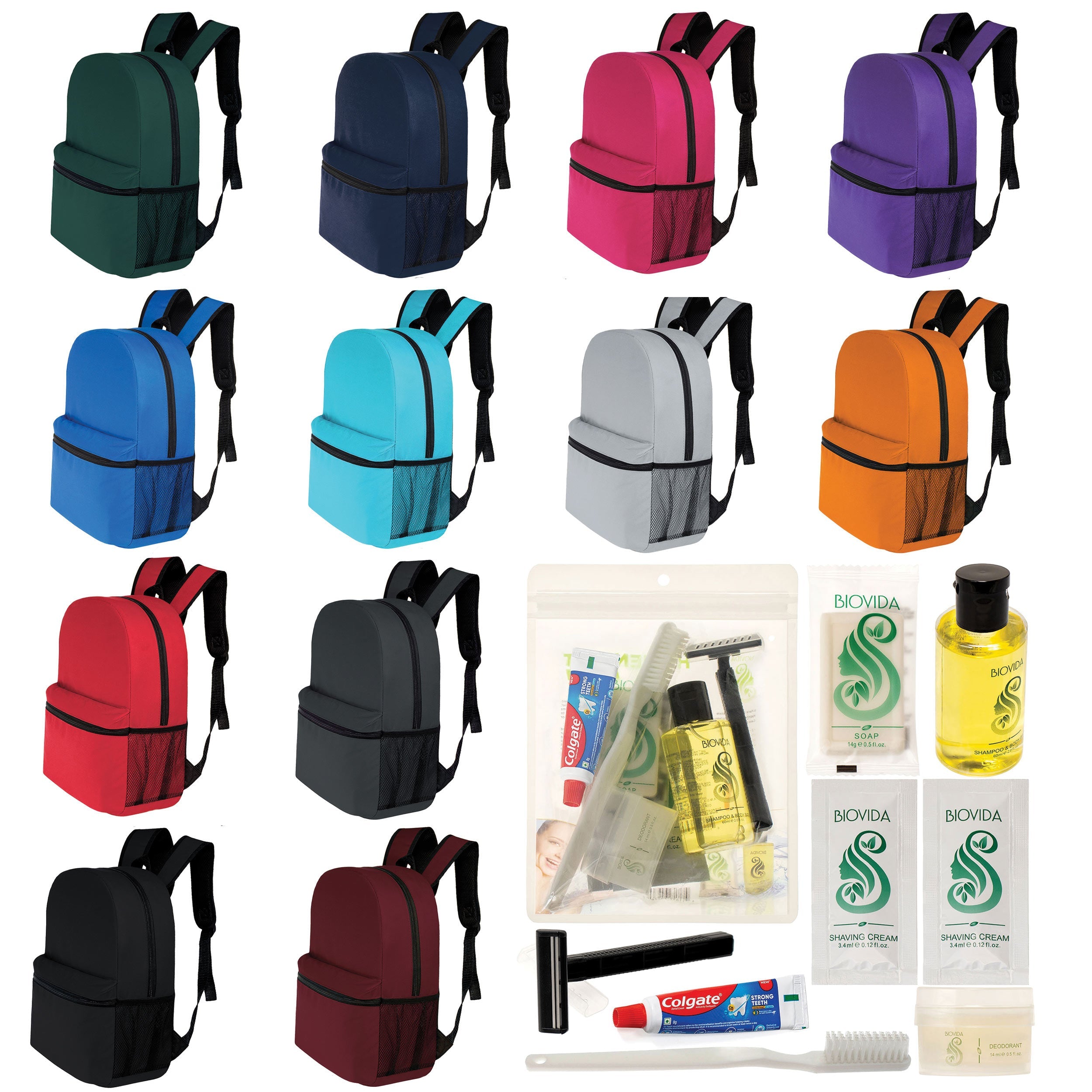 12 Basic 17" Backpacks in 12 Colors with a Side Pocket & Your Choice of 12 Bulk Hygiene Kits - Wholesale Care Package: Homeless, Emergency, Charity