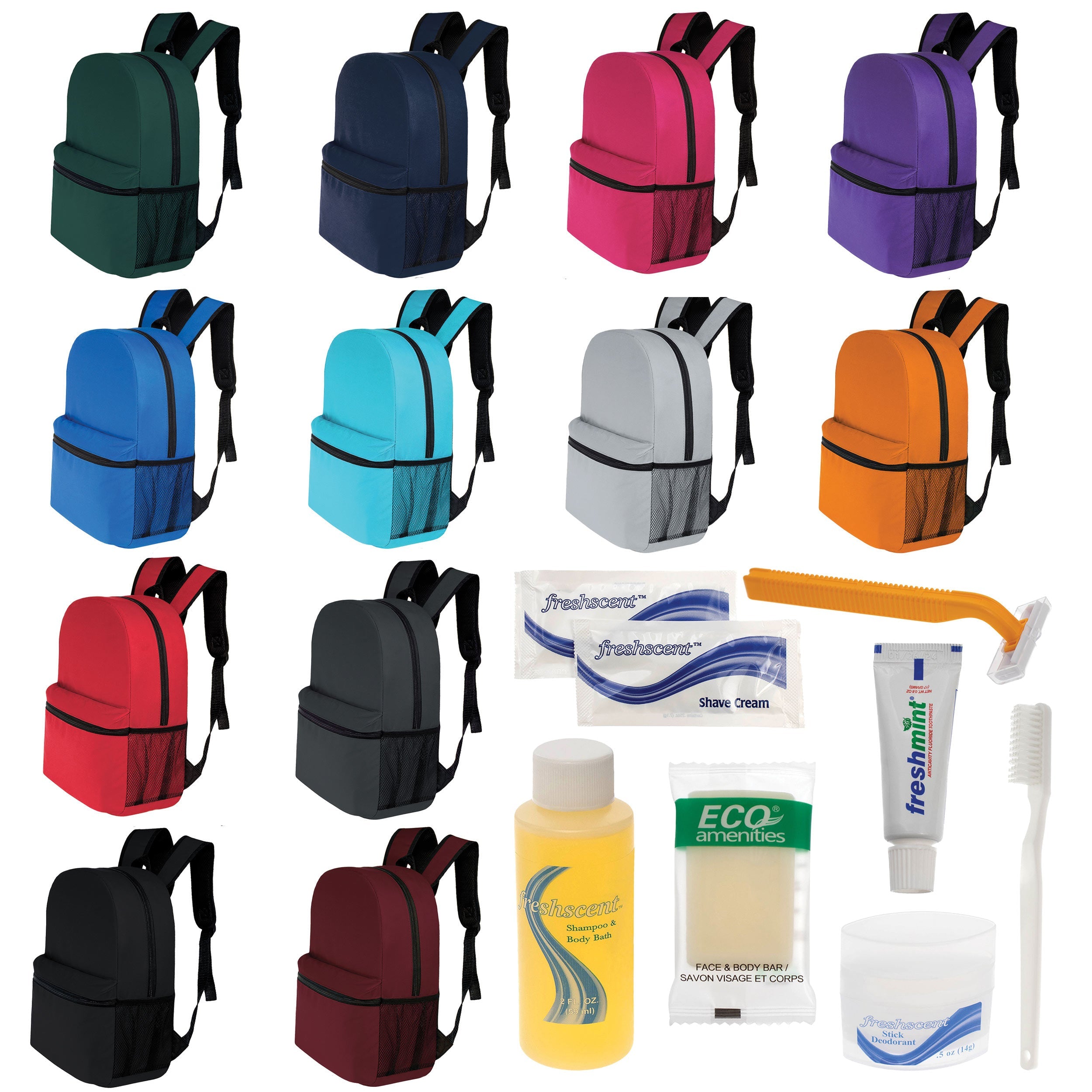 12 Basic 17" Backpacks in 12 Colors with a Side Pocket & Your Choice of 12 Bulk Hygiene Kits - Wholesale Care Package: Homeless, Emergency, Charity