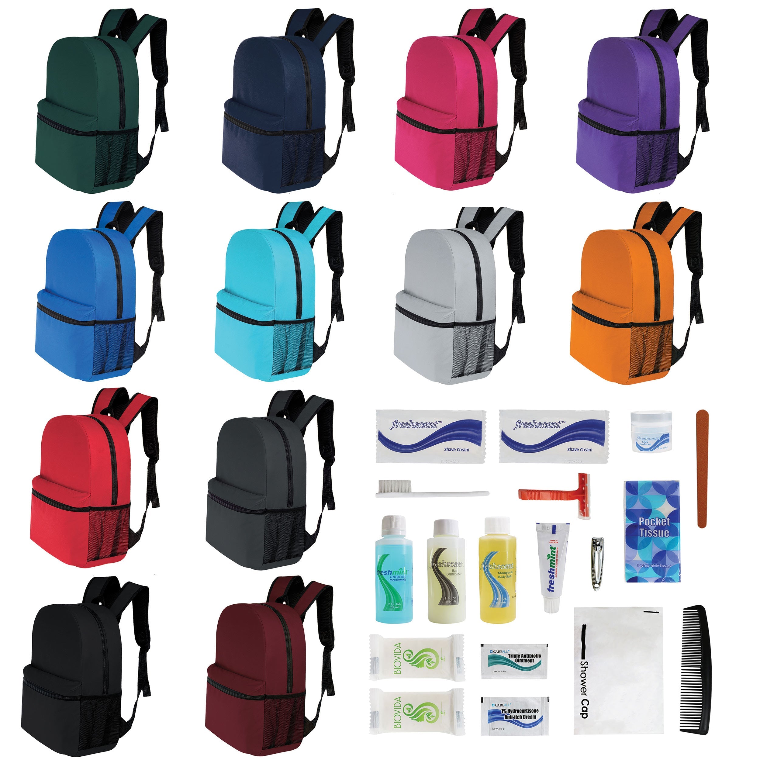 12 Basic 17" Backpacks in 12 Colors with a Side Pocket & Your Choice of 12 Bulk Hygiene Kits - Wholesale Care Package: Homeless, Emergency, Charity