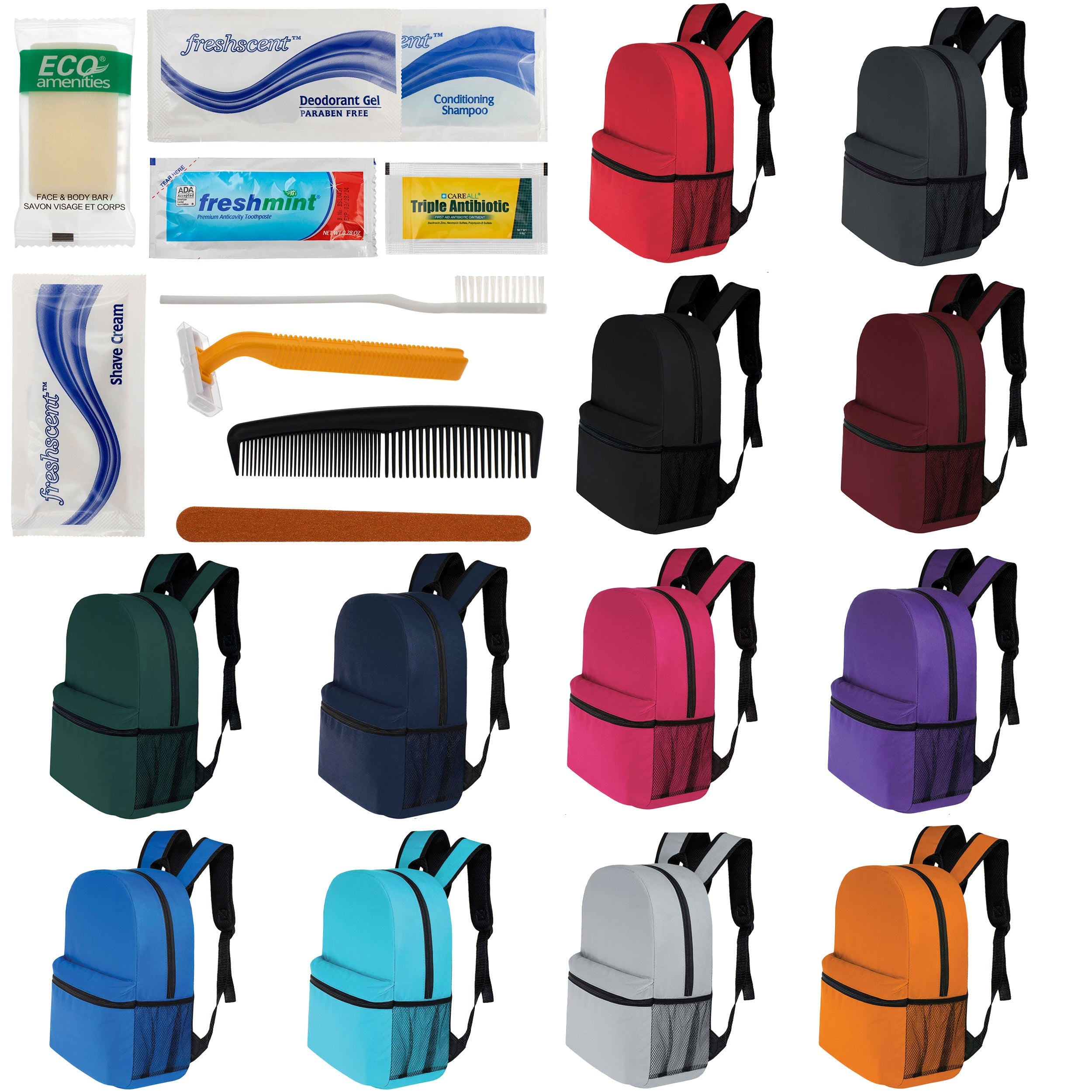 12 Basic 16" Backpacks in 12 Colors with a Side Pocket & Your Choice of 12 Bulk Hygiene Kits - Wholesale Care Package: Homeless, Emergency, Charity