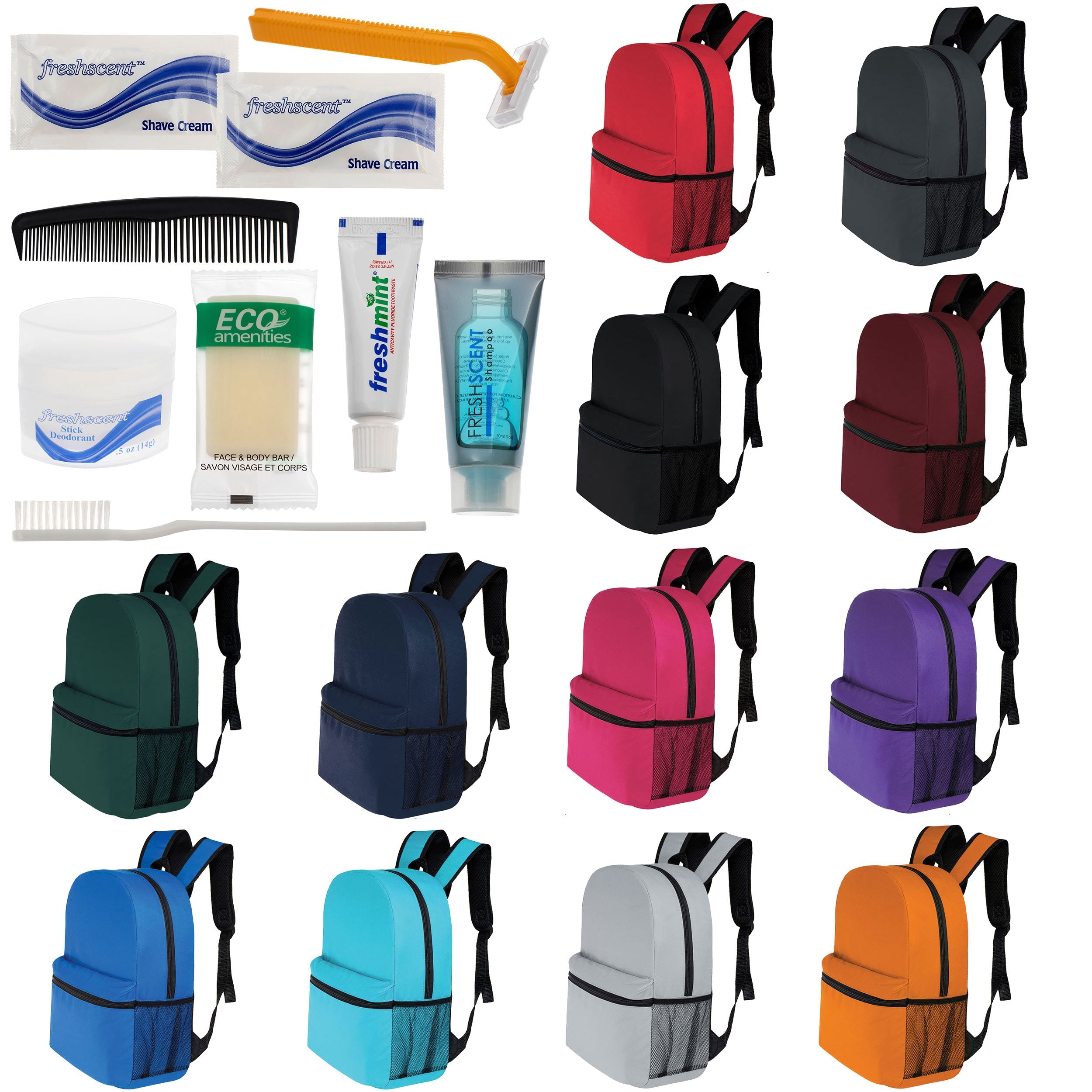12 Basic 16" Backpacks in 12 Colors with a Side Pocket & Your Choice of 12 Bulk Hygiene Kits - Wholesale Care Package: Homeless, Emergency, Charity