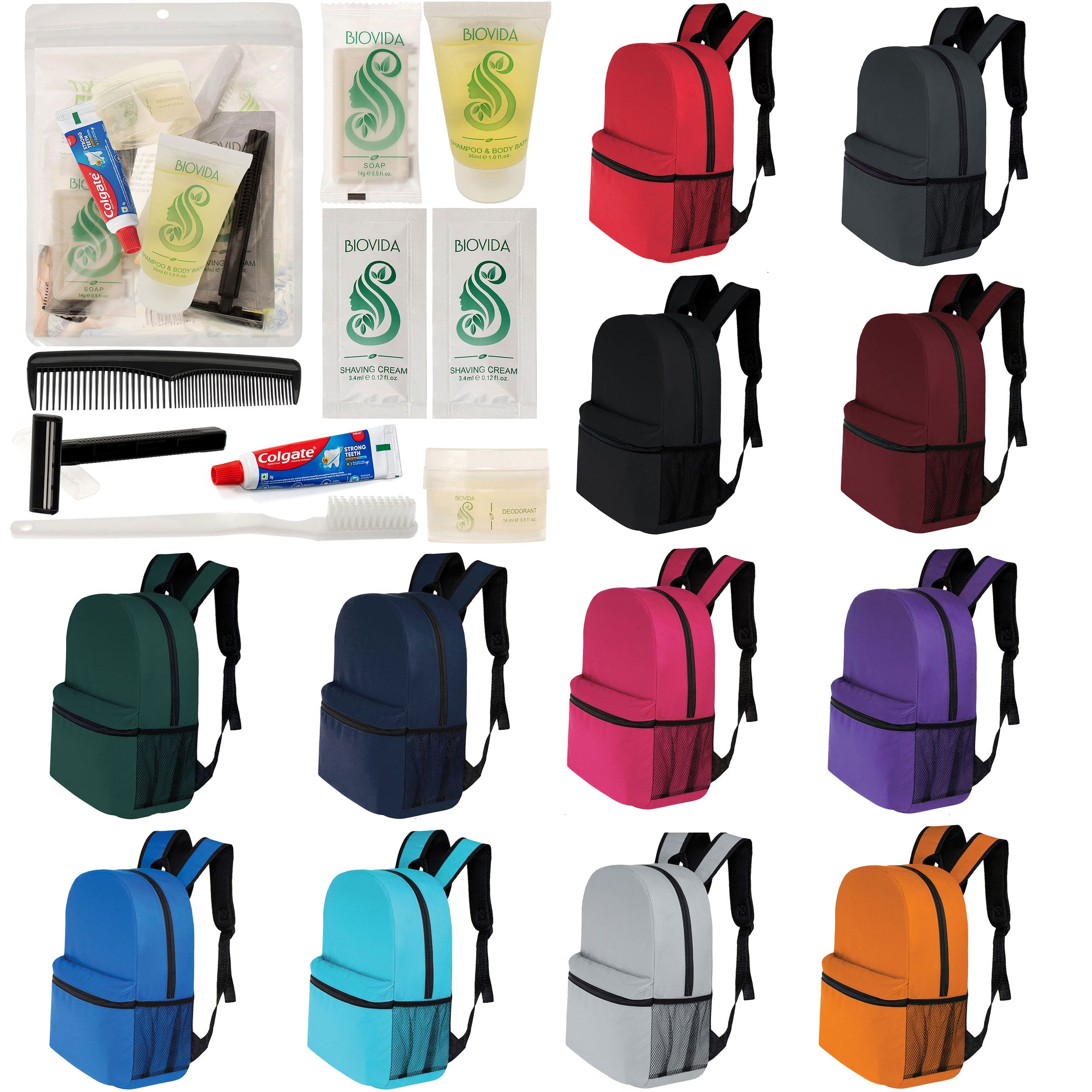 12 Basic 16" Backpacks in 12 Colors with a Side Pocket & Your Choice of 12 Bulk Hygiene Kits - Wholesale Care Package: Homeless, Emergency, Charity