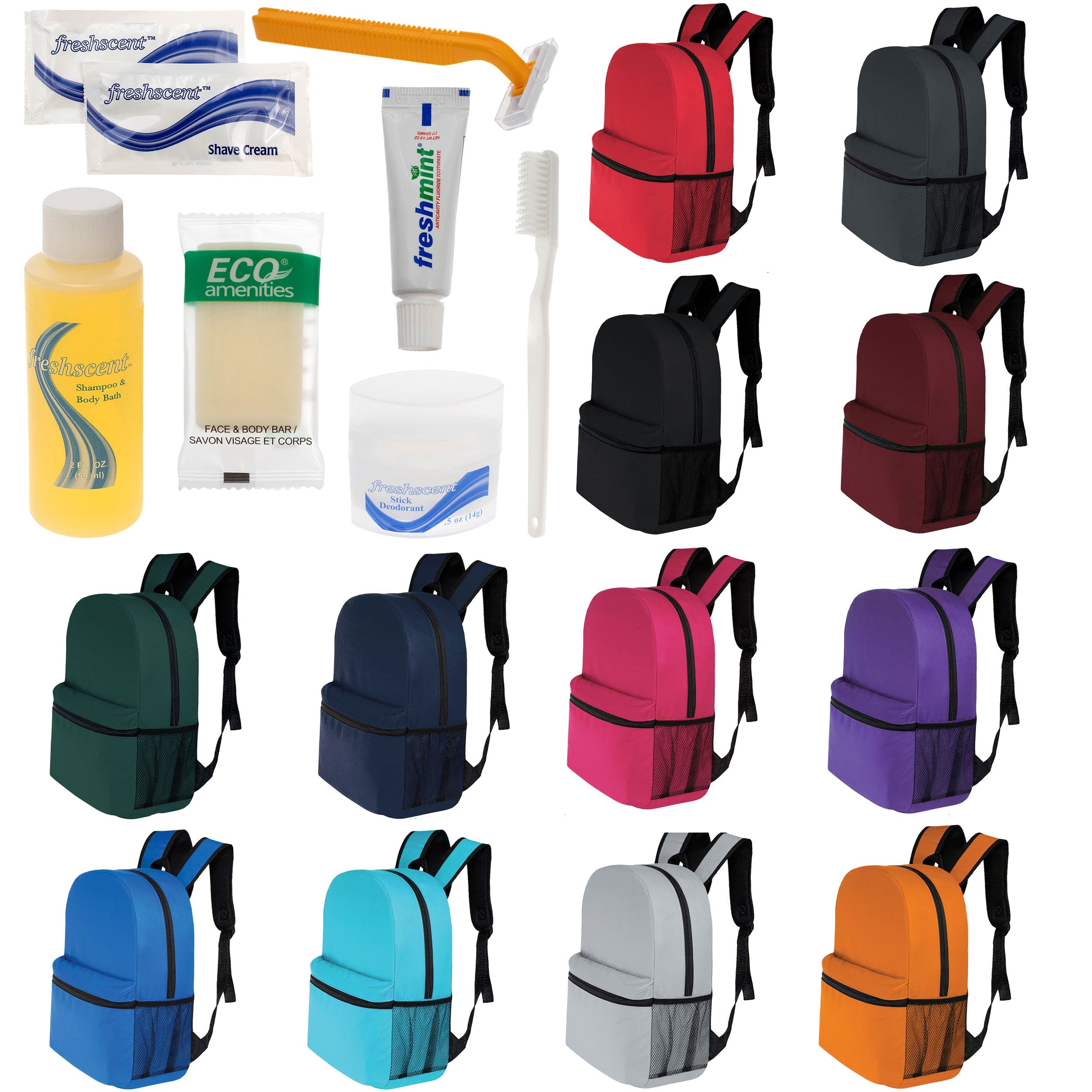 12 Basic 16" Backpacks in 12 Colors with a Side Pocket & Your Choice of 12 Bulk Hygiene Kits - Wholesale Care Package: Homeless, Emergency, Charity