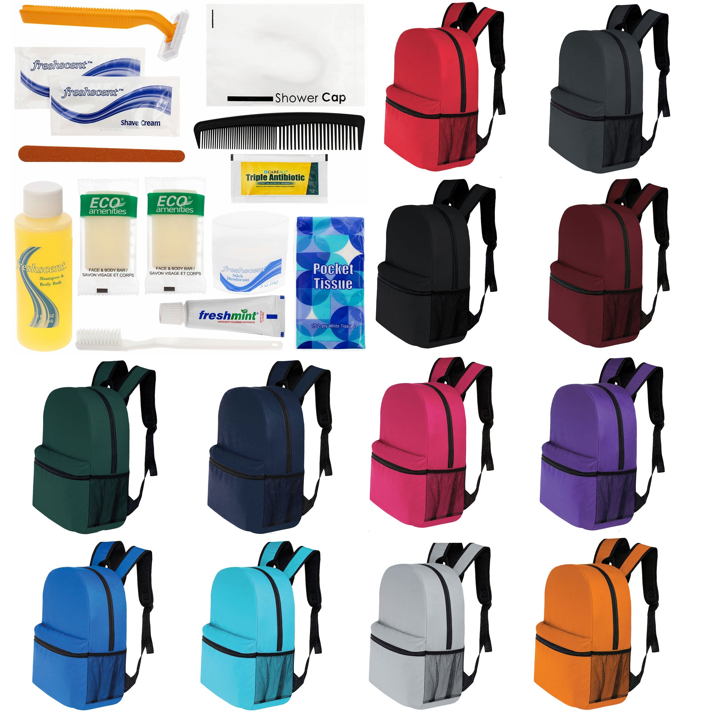 12 Basic 16" Backpacks in 12 Colors with a Side Pocket & Your Choice of 12 Bulk Hygiene Kits - Wholesale Care Package: Homeless, Emergency, Charity