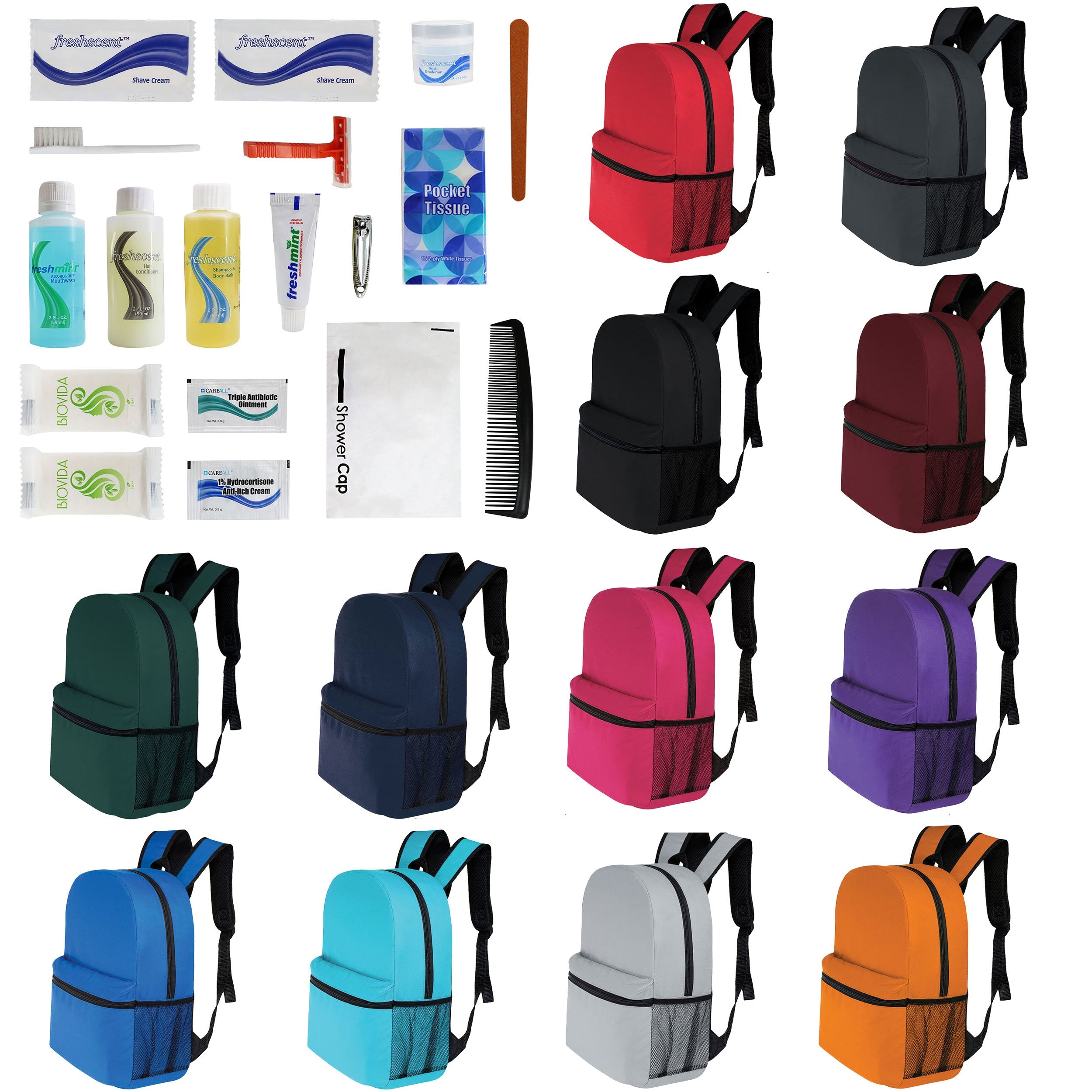 12 Basic 16" Backpacks in 12 Colors with a Side Pocket & Your Choice of 12 Bulk Hygiene Kits - Wholesale Care Package: Homeless, Emergency, Charity