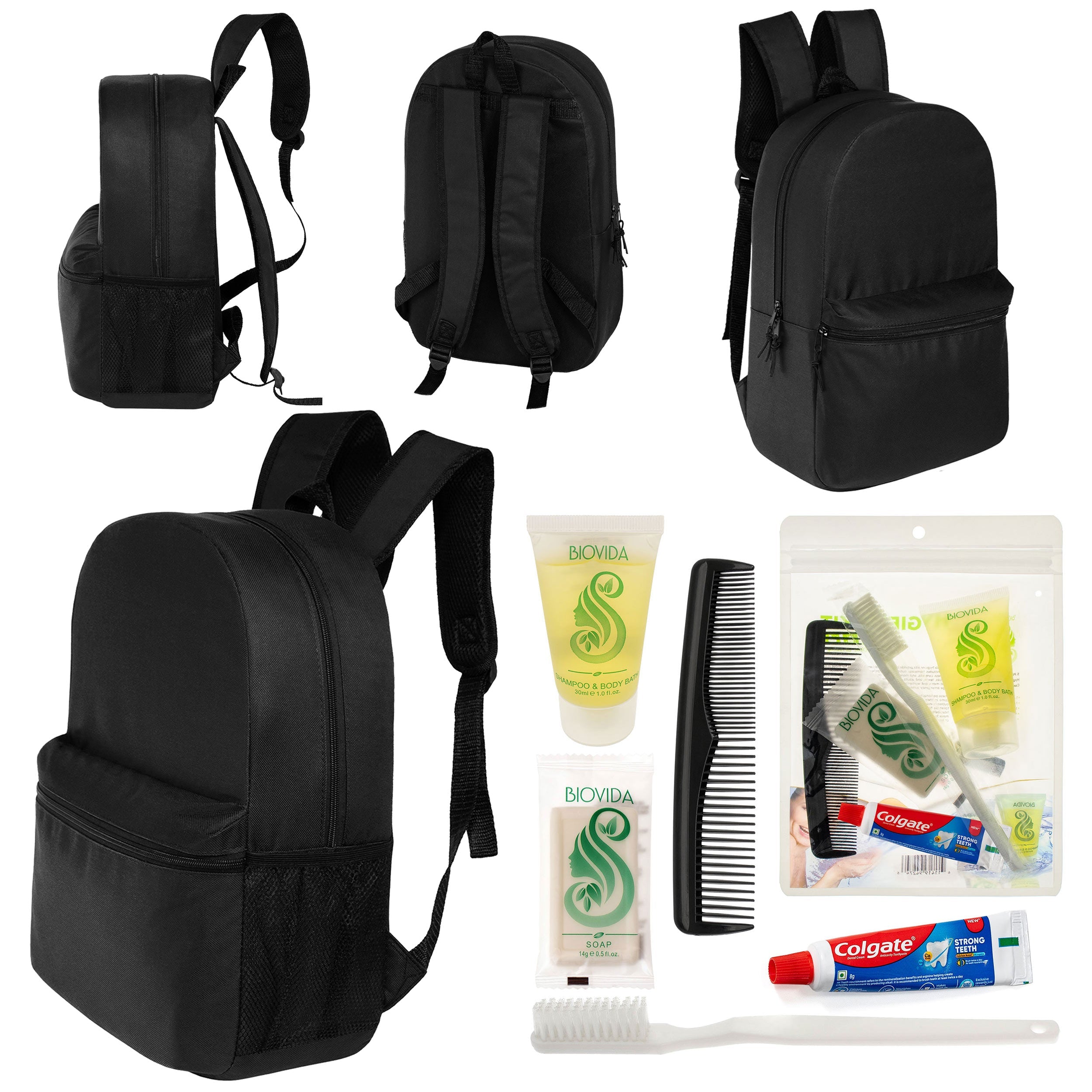 12 Basic 18.5" Backpacks in Black & Your Choice of 12 Bulk Hygiene Kits - Wholesale Care Package: Homeless, Emergency, Charity