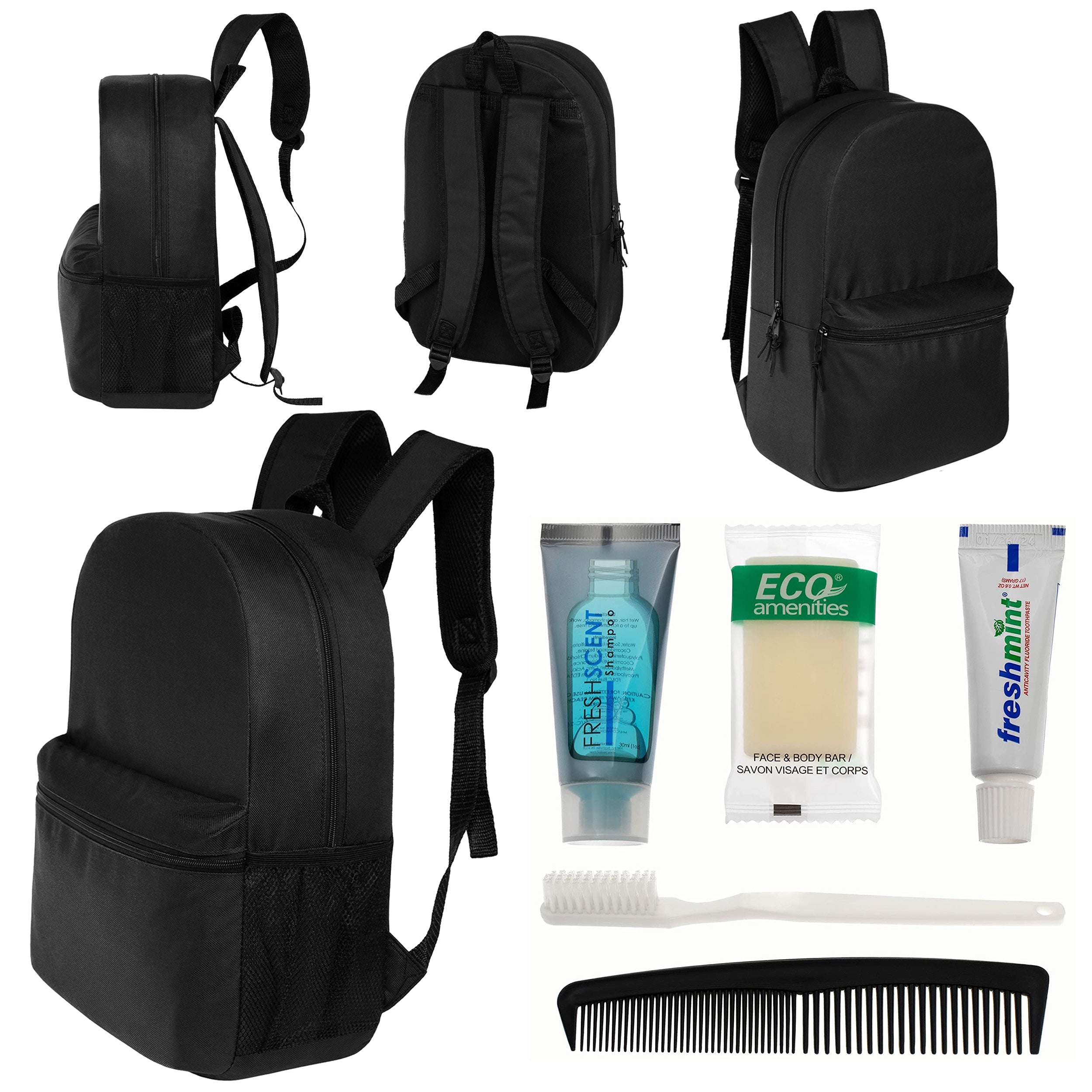 12 Basic 18.5" Backpacks in Black & Your Choice of 12 Bulk Hygiene Kits - Wholesale Care Package: Homeless, Emergency, Charity
