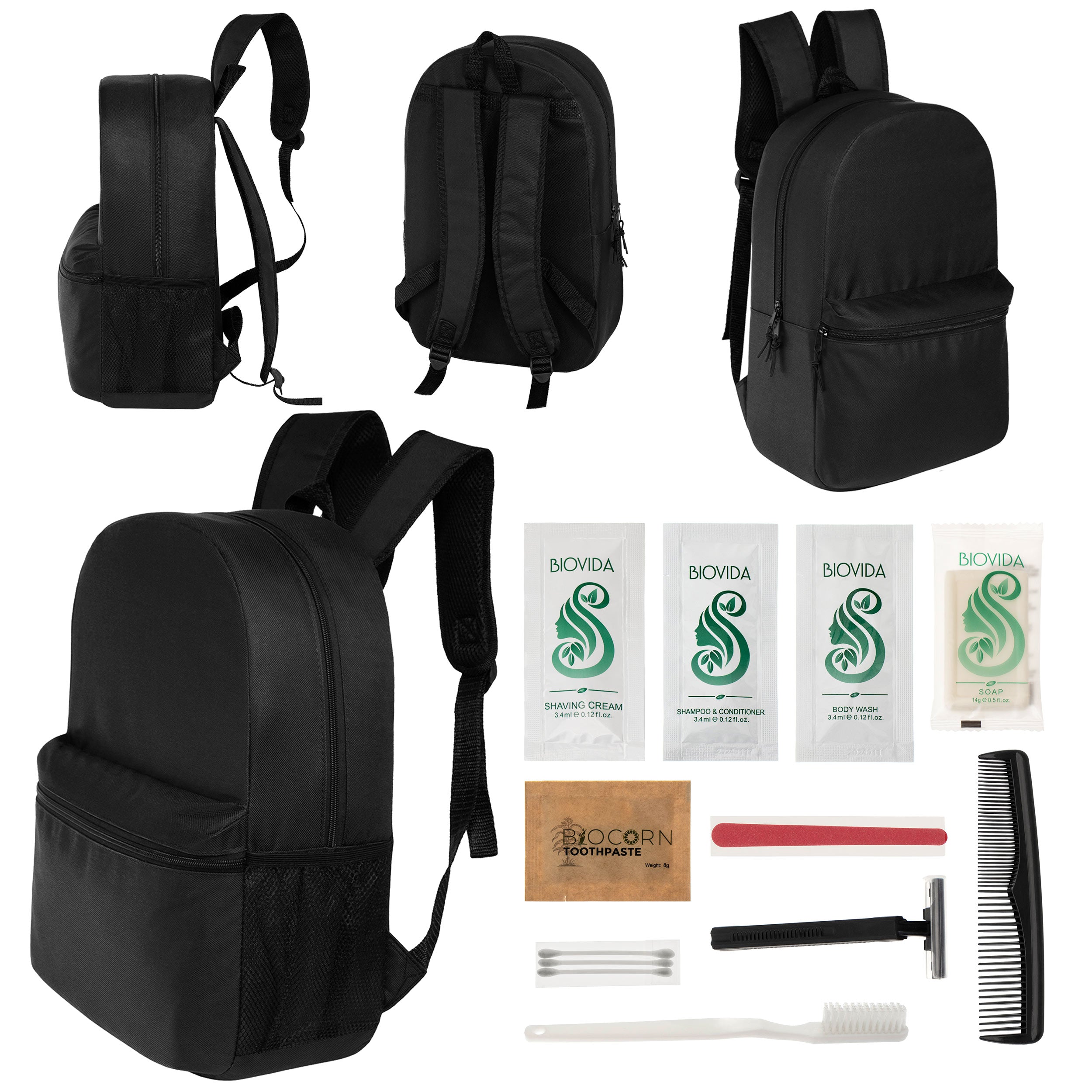 12 Basic 18.5" Backpacks in Black & Your Choice of 12 Bulk Hygiene Kits - Wholesale Care Package: Homeless, Emergency, Charity