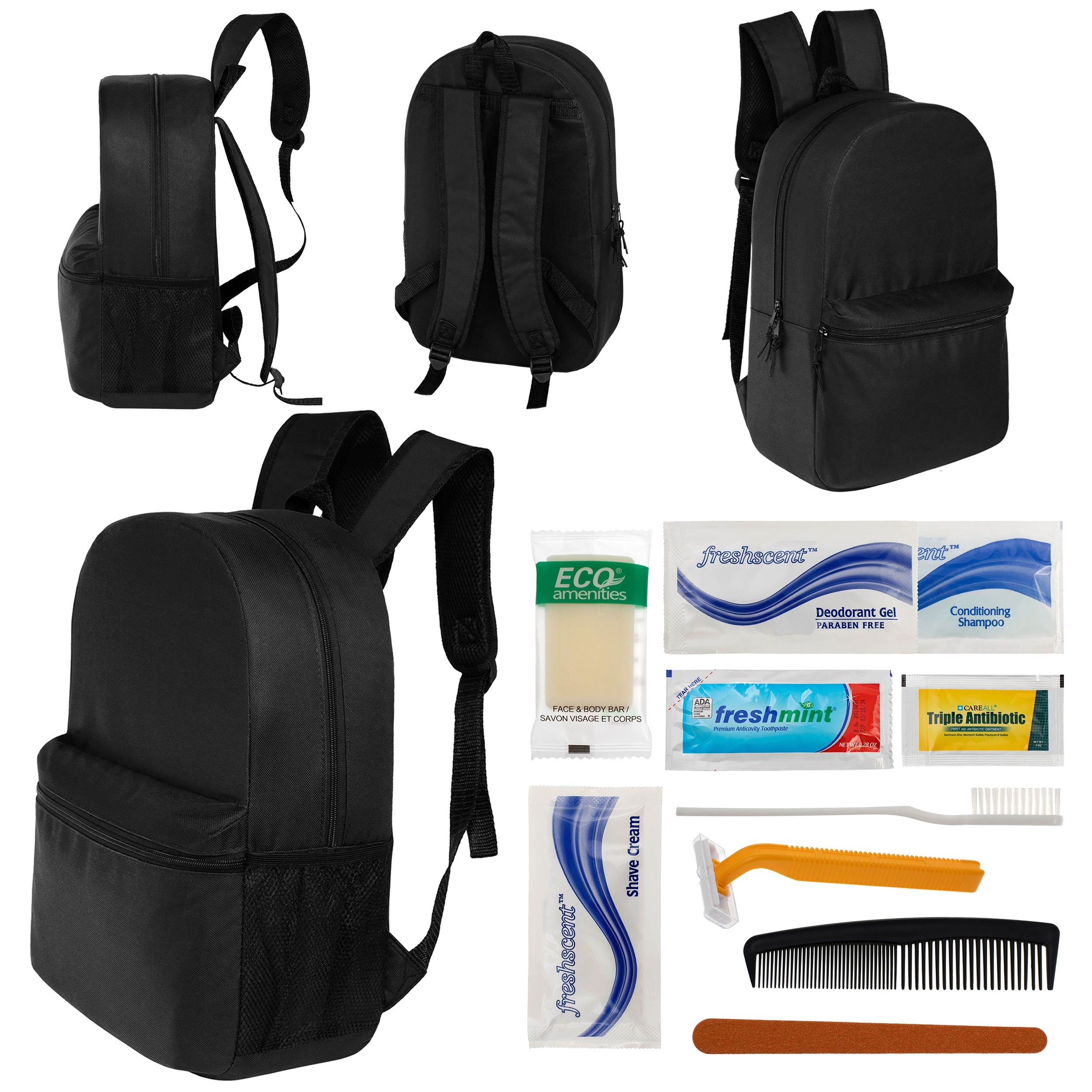 12 Basic 18.5" Backpacks in Black & Your Choice of 12 Bulk Hygiene Kits - Wholesale Care Package: Homeless, Emergency, Charity