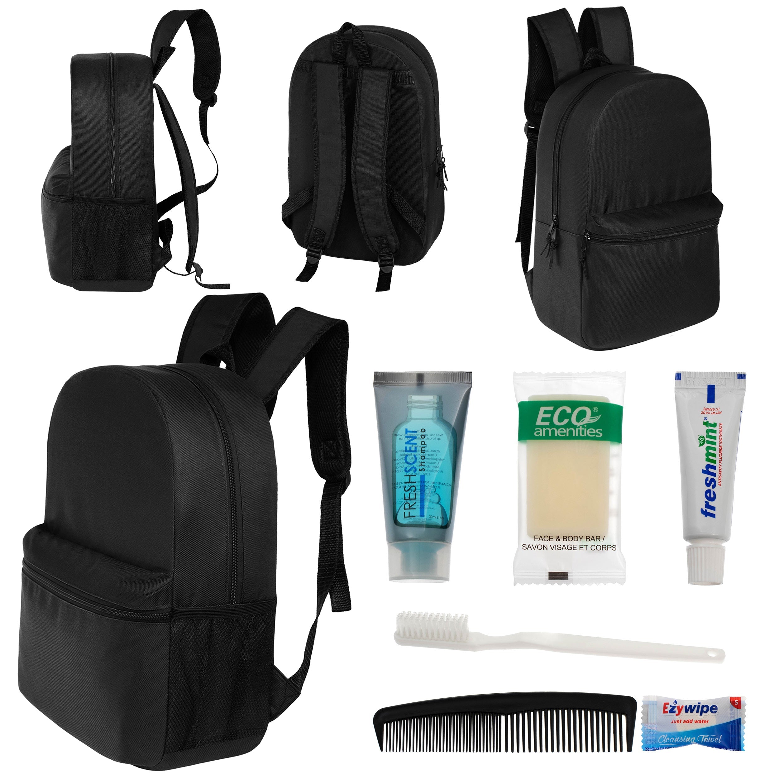 12 Basic 18.5" Backpacks in Black & Your Choice of 12 Bulk Hygiene Kits - Wholesale Care Package: Homeless, Emergency, Charity