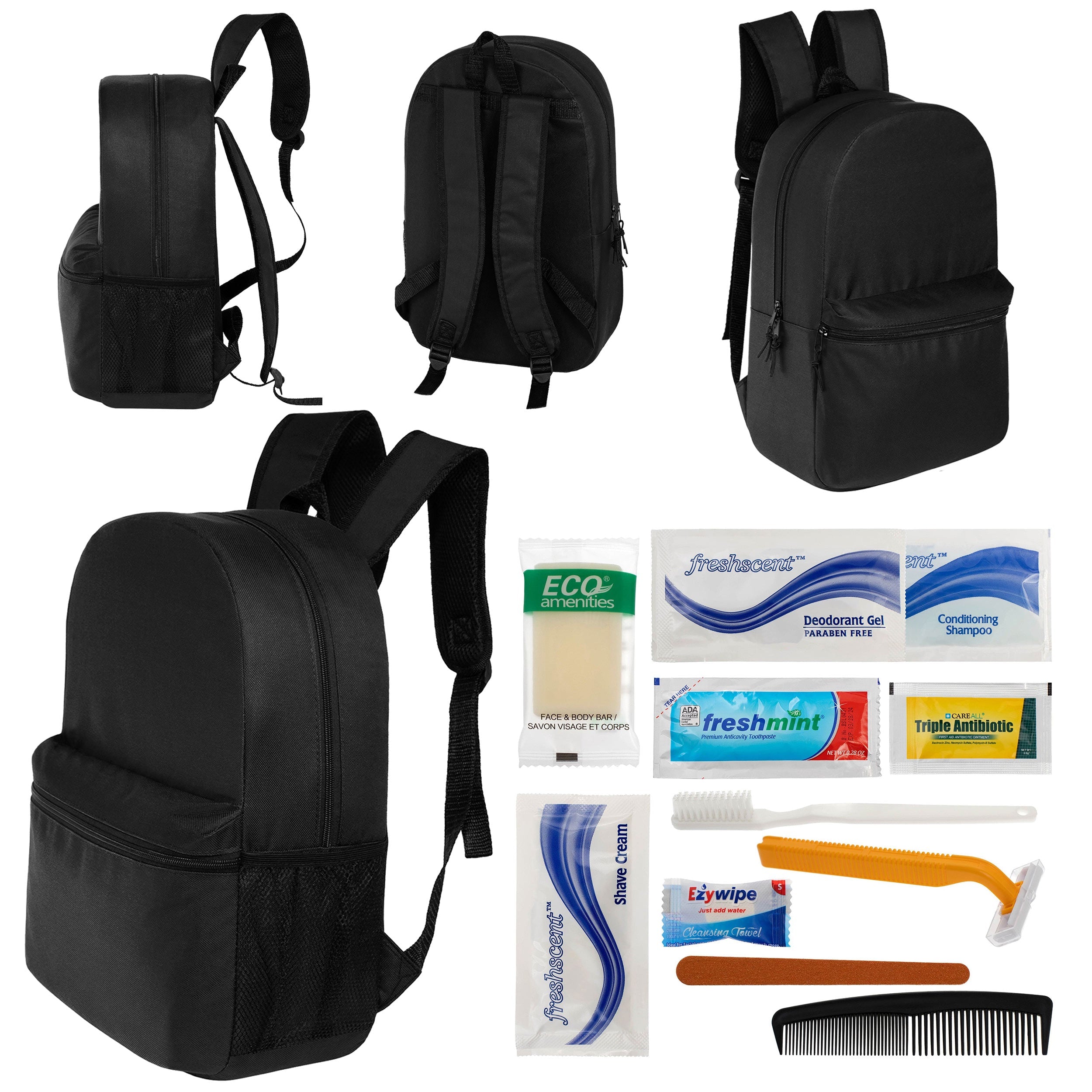 12 Basic 18.5" Backpacks in Black & Your Choice of 12 Bulk Hygiene Kits - Wholesale Care Package: Homeless, Emergency, Charity
