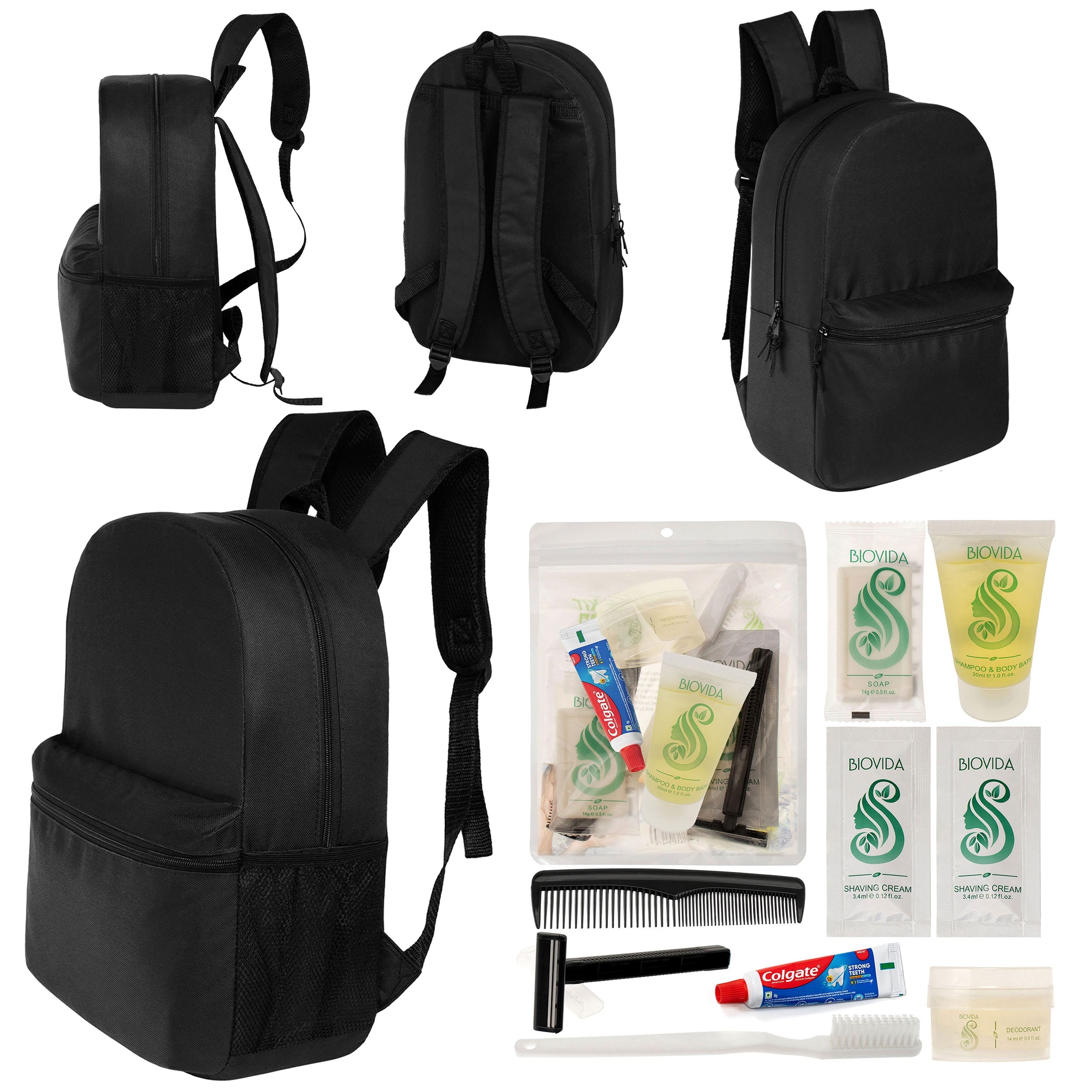 12 Basic 18.5" Backpacks in Black & Your Choice of 12 Bulk Hygiene Kits - Wholesale Care Package: Homeless, Emergency, Charity