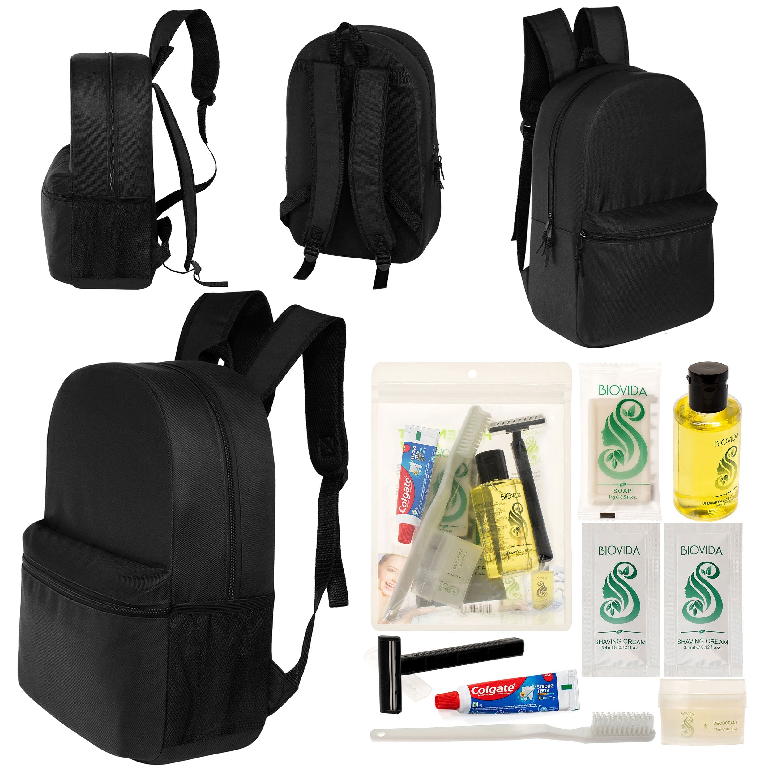 12 Basic 18.5" Backpacks in Black & Your Choice of 12 Bulk Hygiene Kits - Wholesale Care Package: Homeless, Emergency, Charity