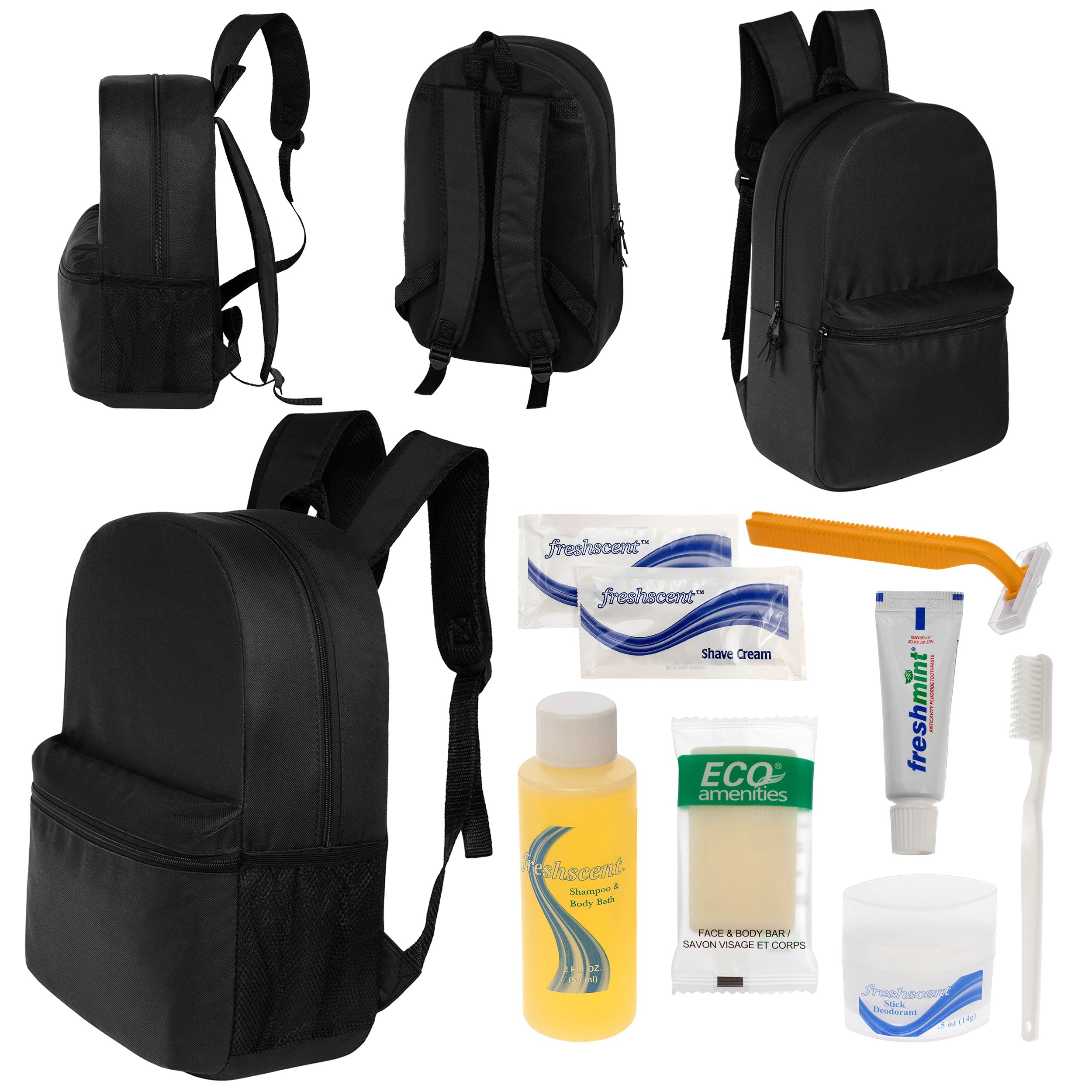 12 Basic 18.5" Backpacks in Black & Your Choice of 12 Bulk Hygiene Kits - Wholesale Care Package: Homeless, Emergency, Charity