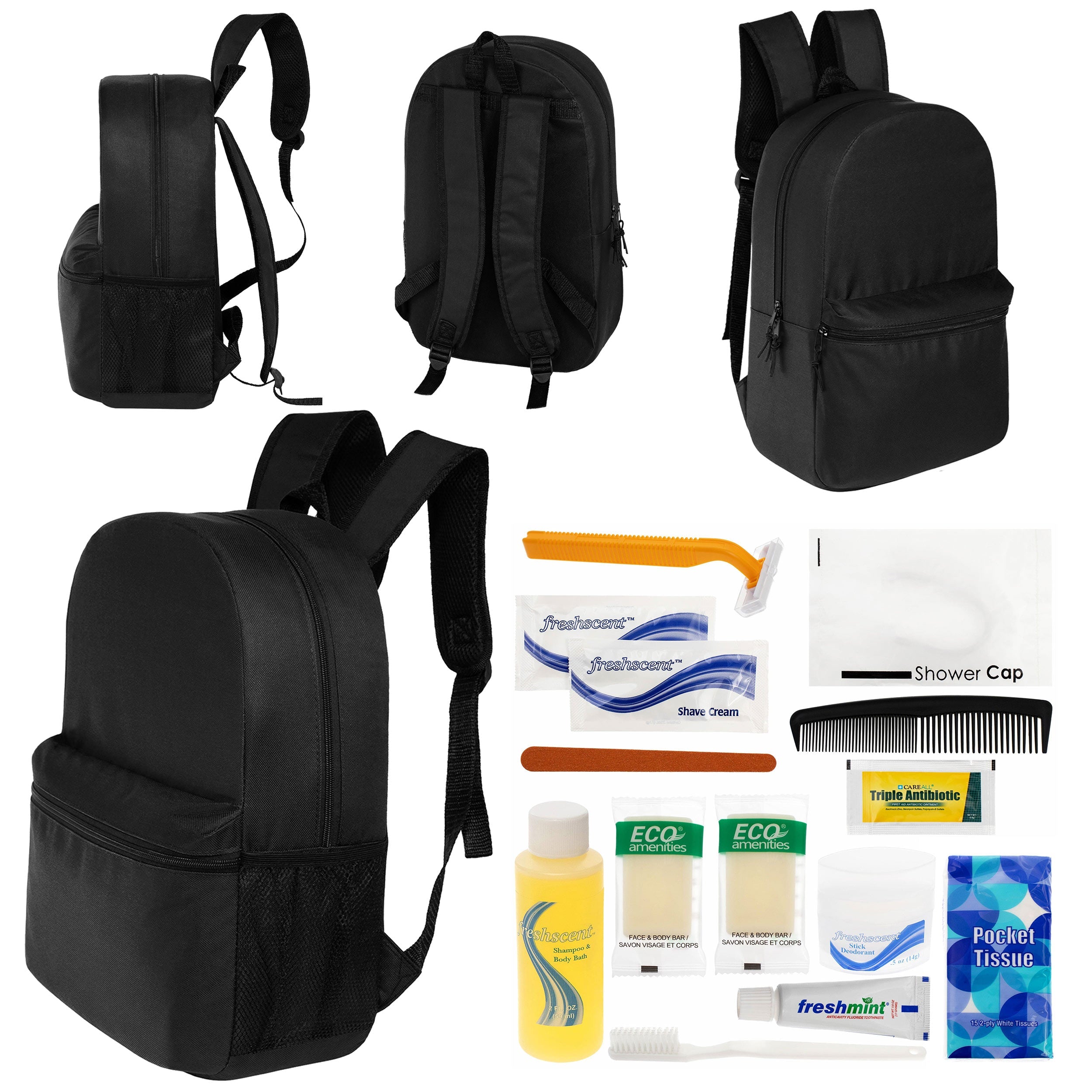 12 Basic 18.5" Backpacks in Black & Your Choice of 12 Bulk Hygiene Kits - Wholesale Care Package: Homeless, Emergency, Charity