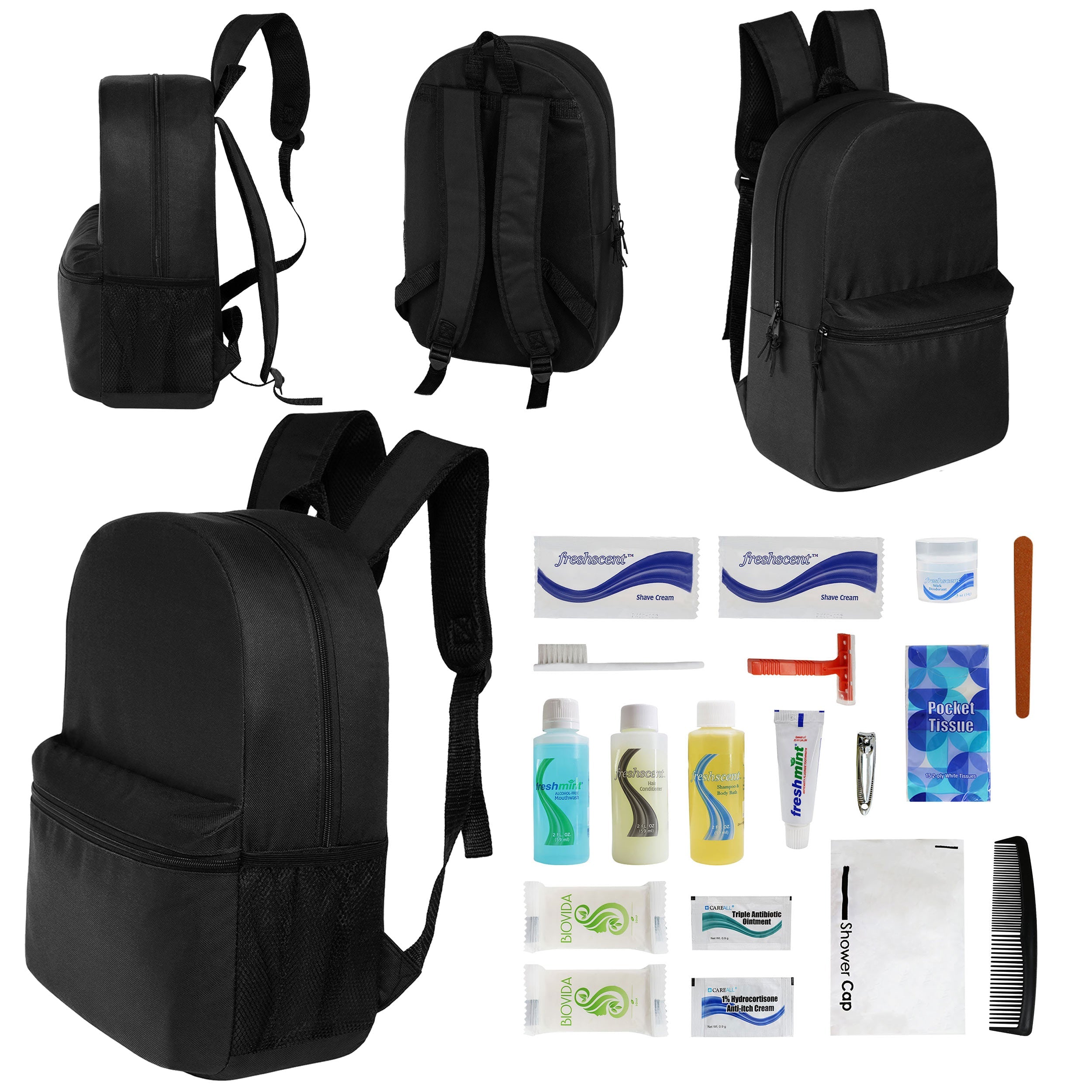 12 Basic 18.5" Backpacks in Black & Your Choice of 12 Bulk Hygiene Kits - Wholesale Care Package: Homeless, Emergency, Charity