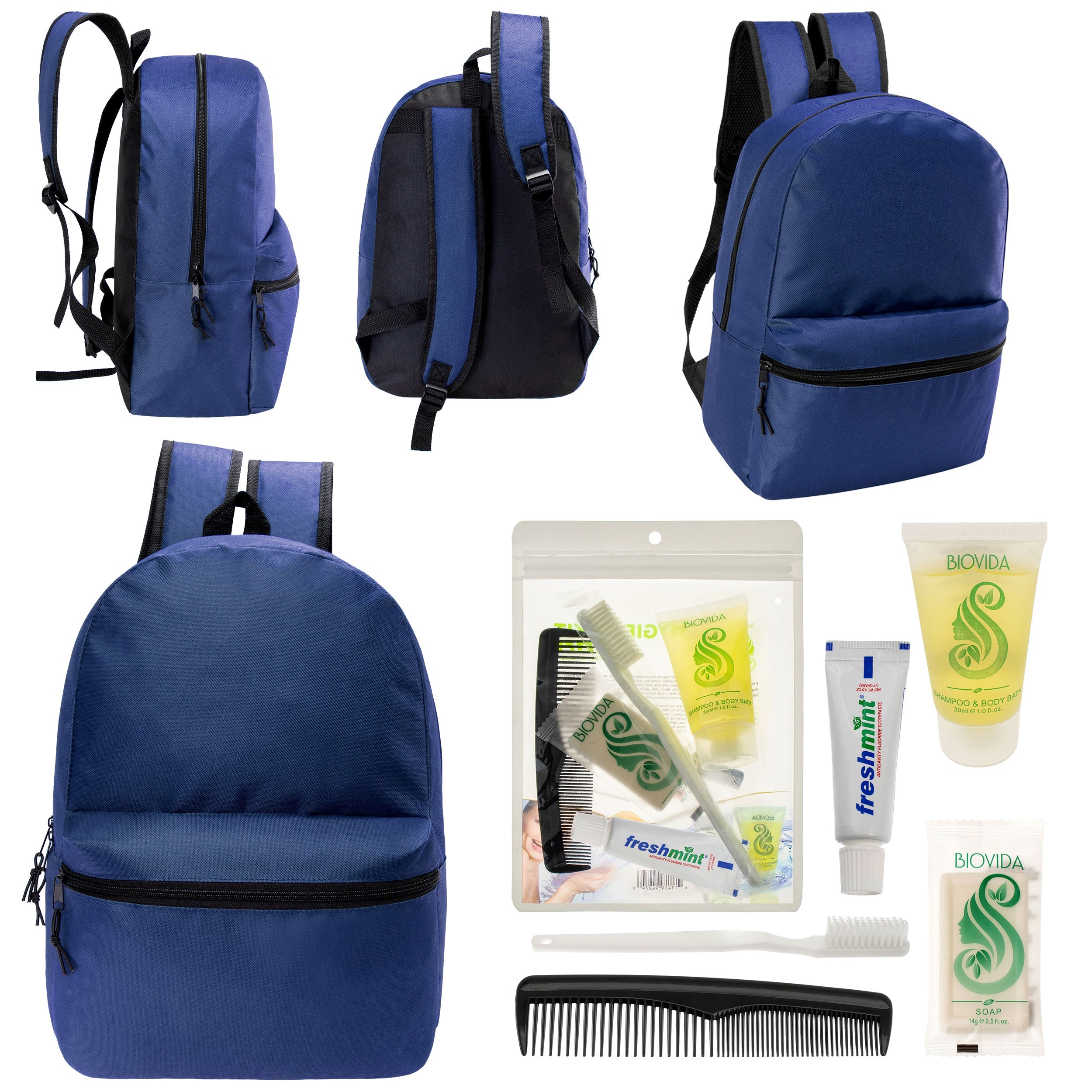 12 17" Classic Backpacks in Navy Blue & Your Choice of 12 Bulk Hygiene Kits - Wholesale Care Package: Homeless, Emergency, Charity