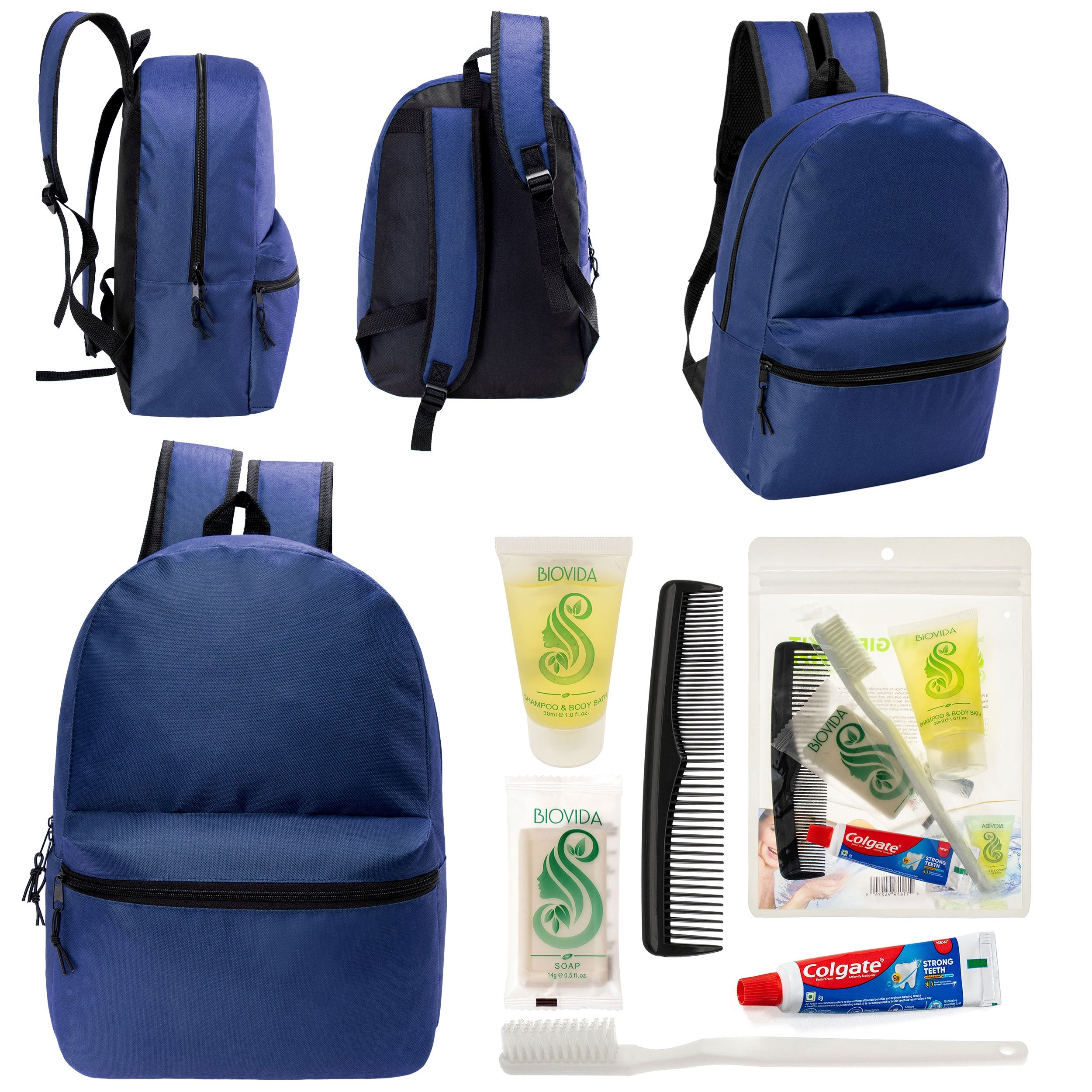 12 17" Classic Backpacks in Navy Blue & Your Choice of 12 Bulk Hygiene Kits - Wholesale Care Package: Homeless, Emergency, Charity