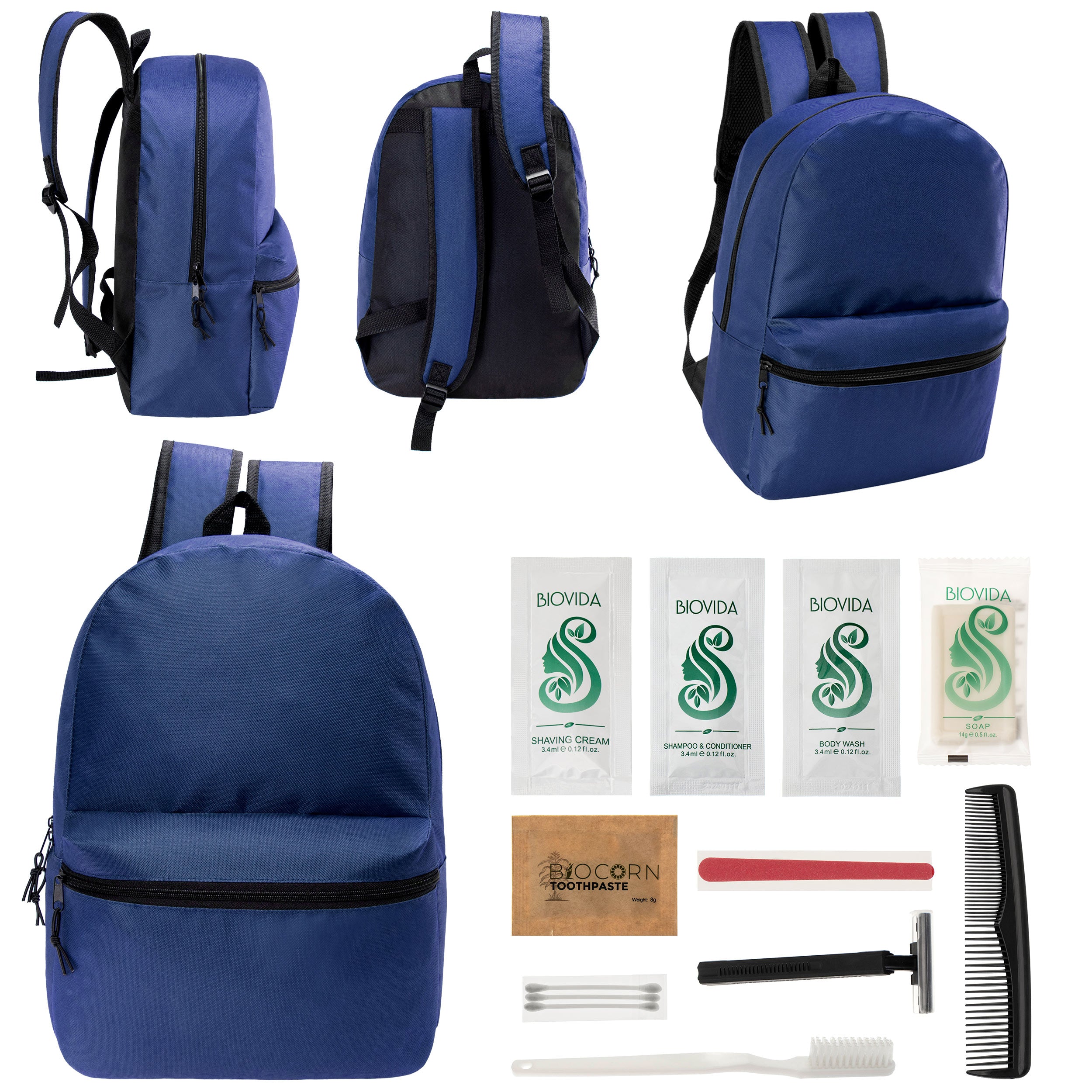 12 17" Classic Backpacks in Navy Blue & Your Choice of 12 Bulk Hygiene Kits - Wholesale Care Package: Homeless, Emergency, Charity