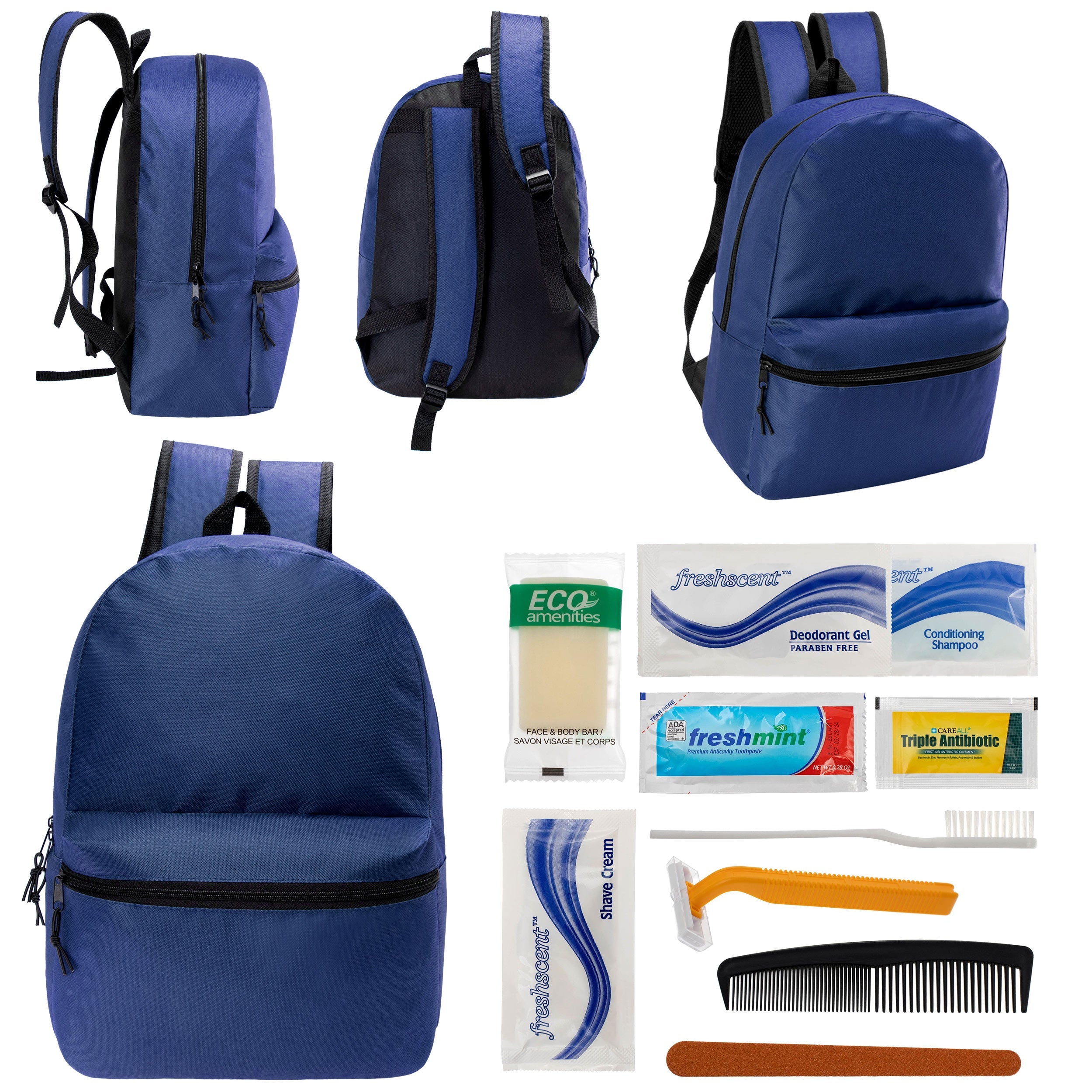 12 17" Classic Backpacks in Navy Blue & Your Choice of 12 Bulk Hygiene Kits - Wholesale Care Package: Homeless, Emergency, Charity