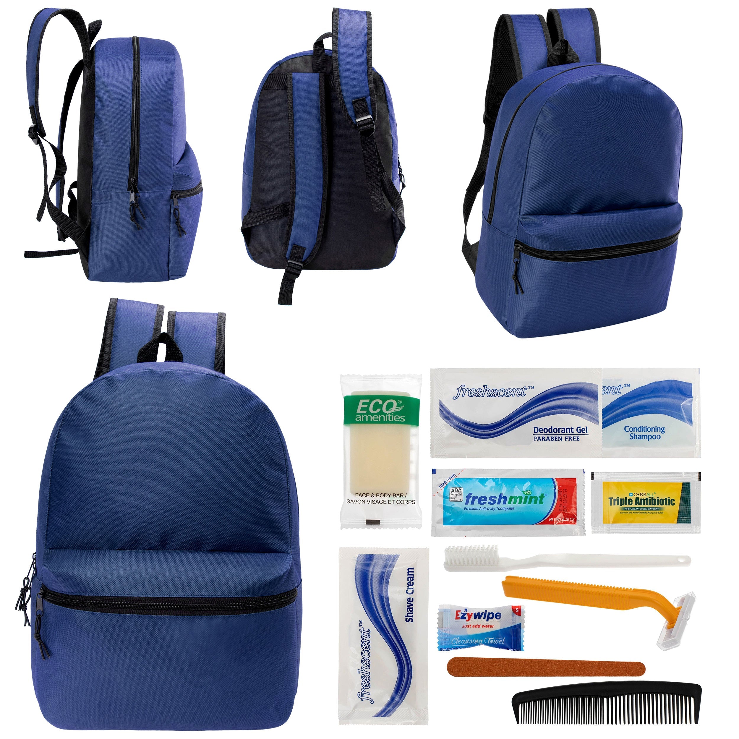 12 17" Classic Backpacks in Navy Blue & Your Choice of 12 Bulk Hygiene Kits - Wholesale Care Package: Homeless, Emergency, Charity