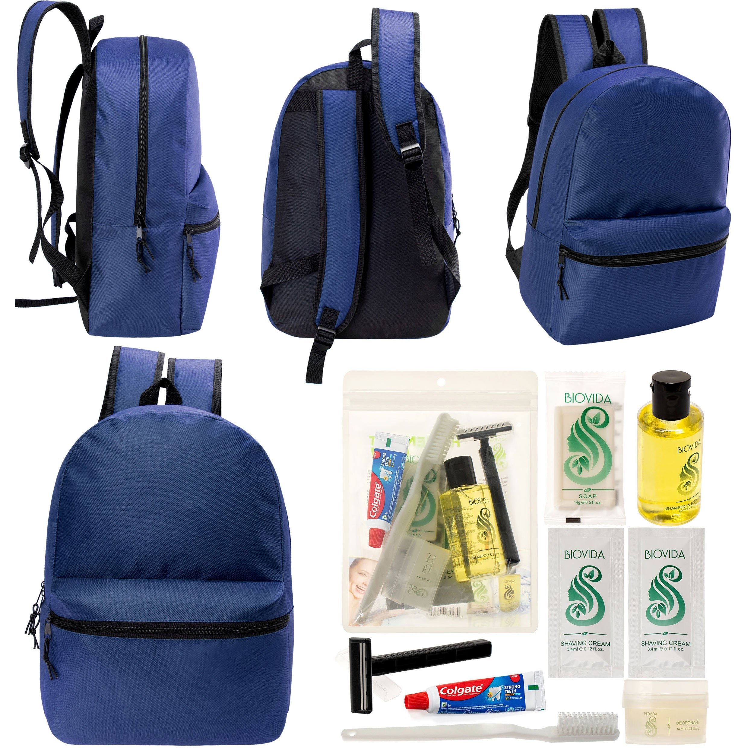 12 17" Classic Backpacks in Navy Blue & Your Choice of 12 Bulk Hygiene Kits - Wholesale Care Package: Homeless, Emergency, Charity