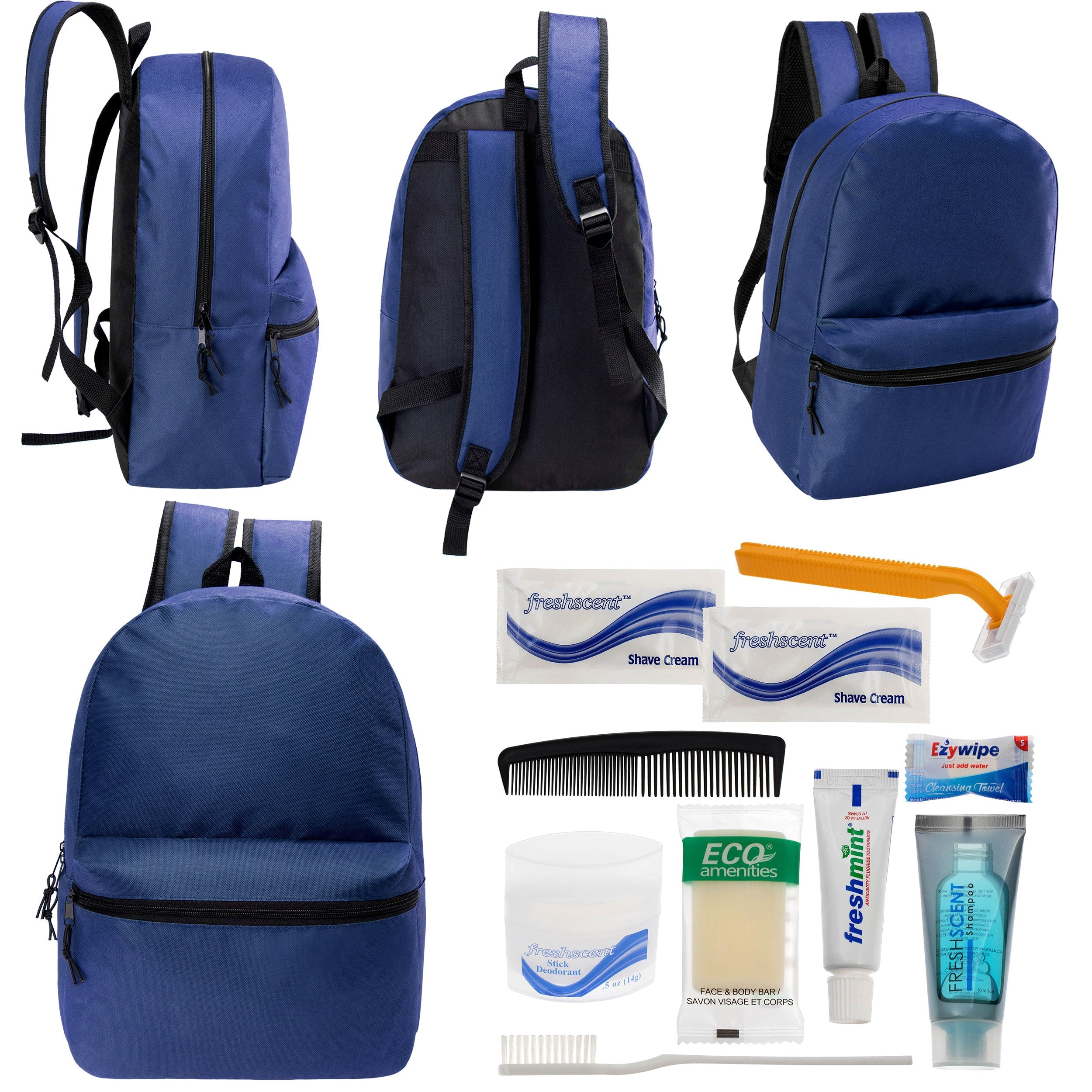 12 17" Classic Backpacks in Navy Blue & Your Choice of 12 Bulk Hygiene Kits - Wholesale Care Package: Homeless, Emergency, Charity