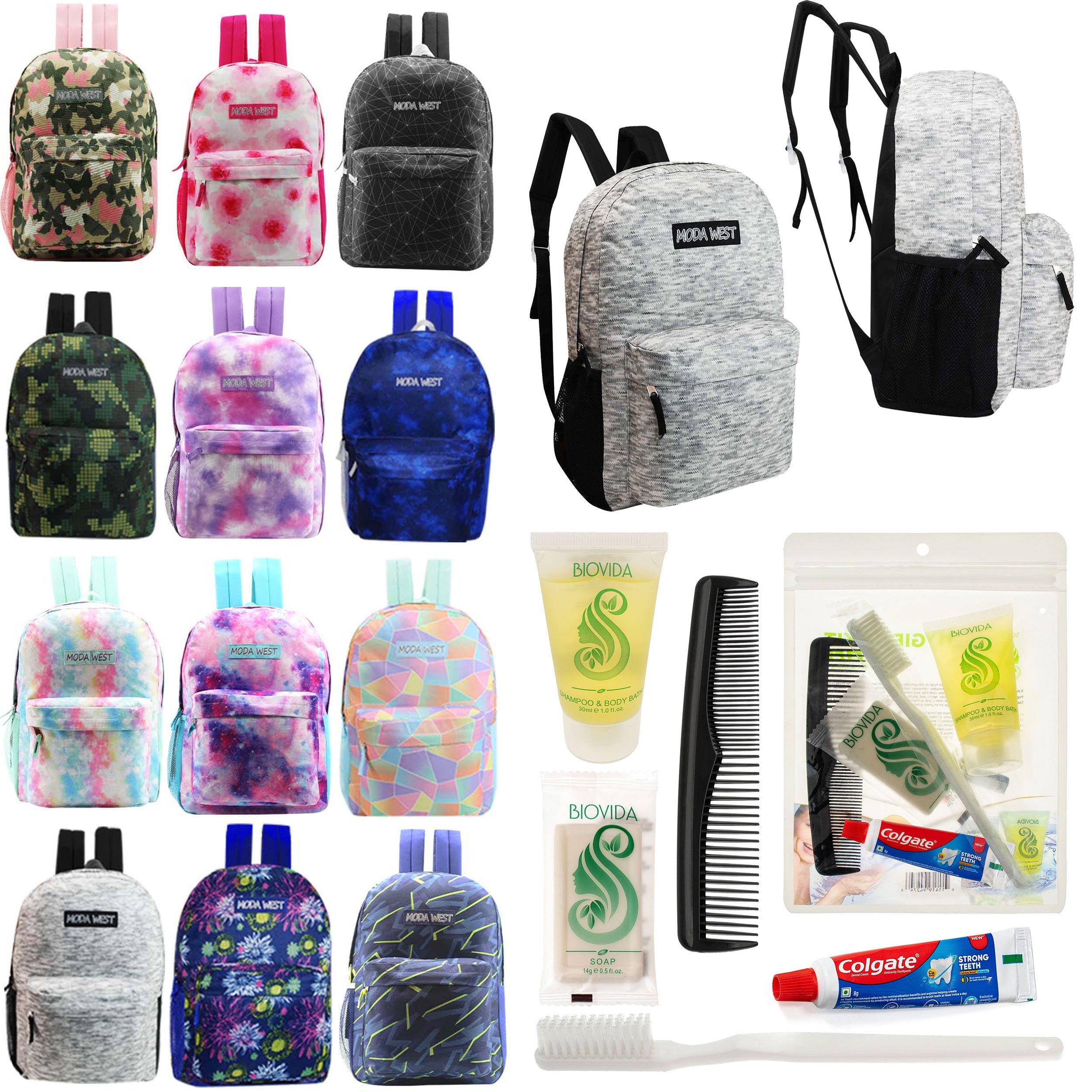 12 Patterned 17" Backpacks in Assorted Prints & Your Choice of 12 Bulk Hygiene Kits - Wholesale Care Package: Homeless, Emergency, Charity
