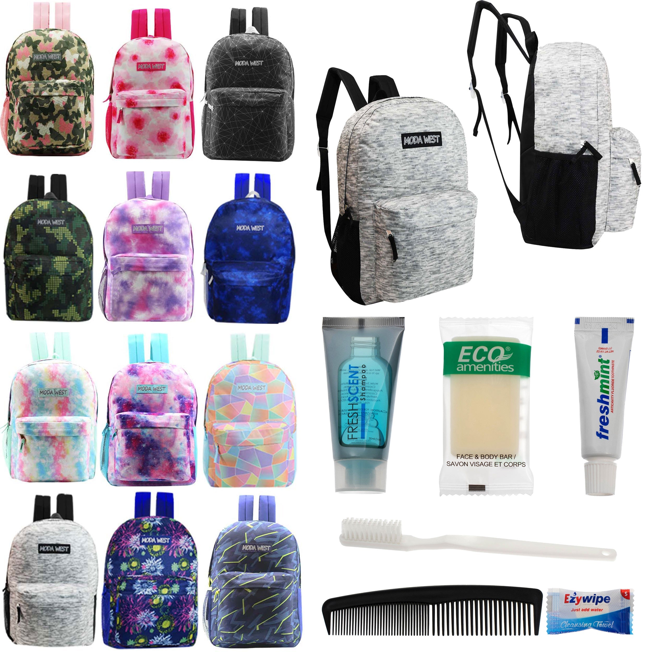 12 Patterned 17" Backpacks in Assorted Prints & Your Choice of 12 Bulk Hygiene Kits - Wholesale Care Package: Homeless, Emergency, Charity