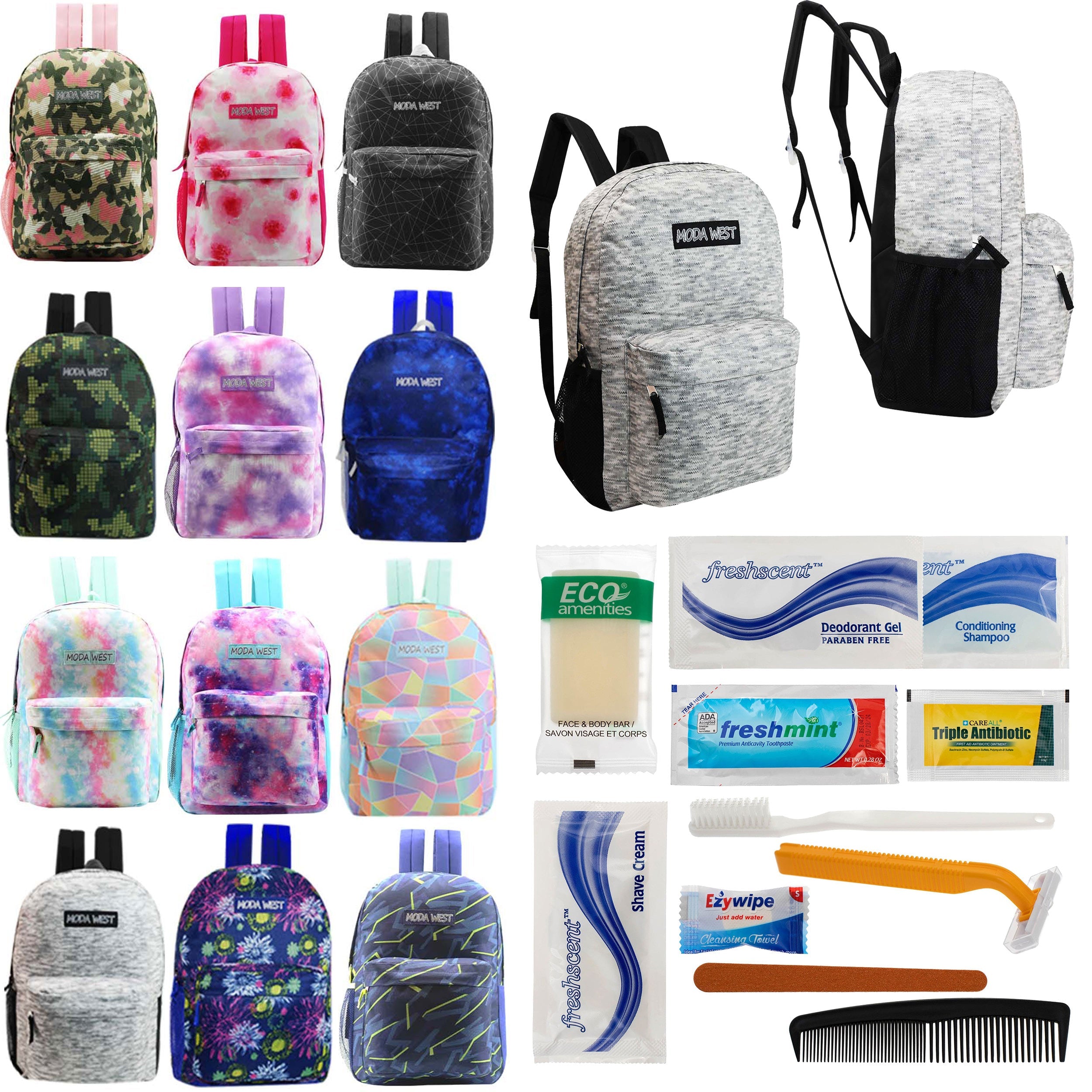12 Patterned 17" Backpacks in Assorted Prints & Your Choice of 12 Bulk Hygiene Kits - Wholesale Care Package: Homeless, Emergency, Charity