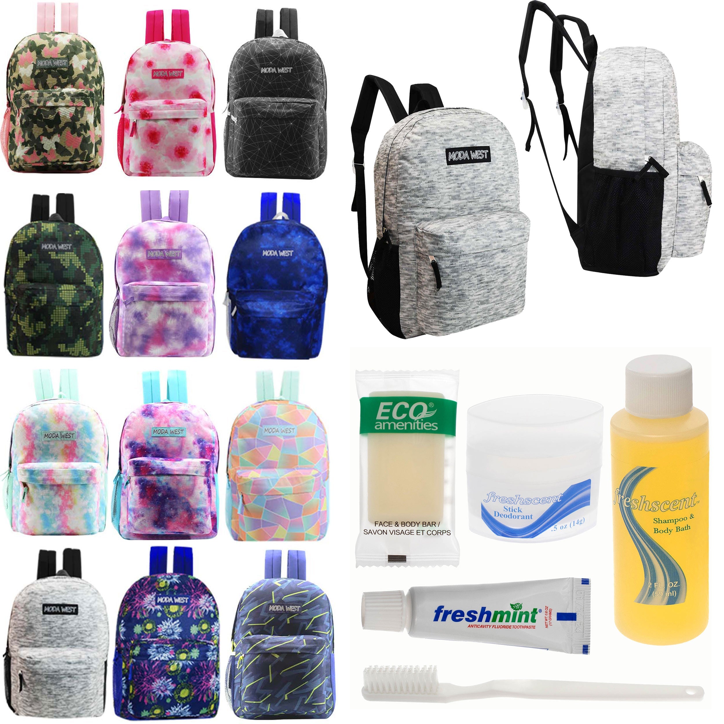 12 Patterned 17" Backpacks in Assorted Prints & Your Choice of 12 Bulk Hygiene Kits - Wholesale Care Package: Homeless, Emergency, Charity