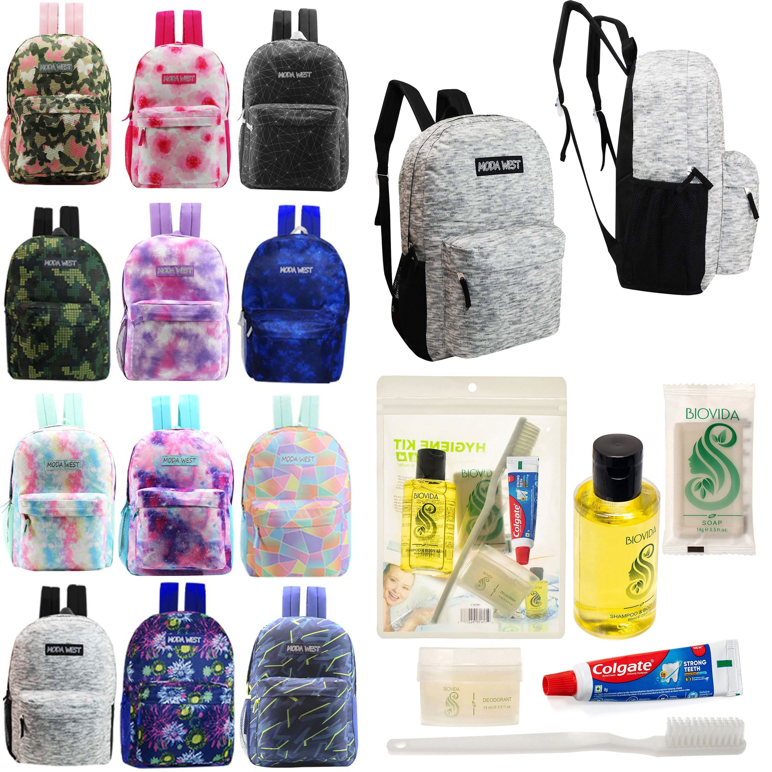 12 Patterned 17" Backpacks in Assorted Prints & Your Choice of 12 Bulk Hygiene Kits - Wholesale Care Package: Homeless, Emergency, Charity