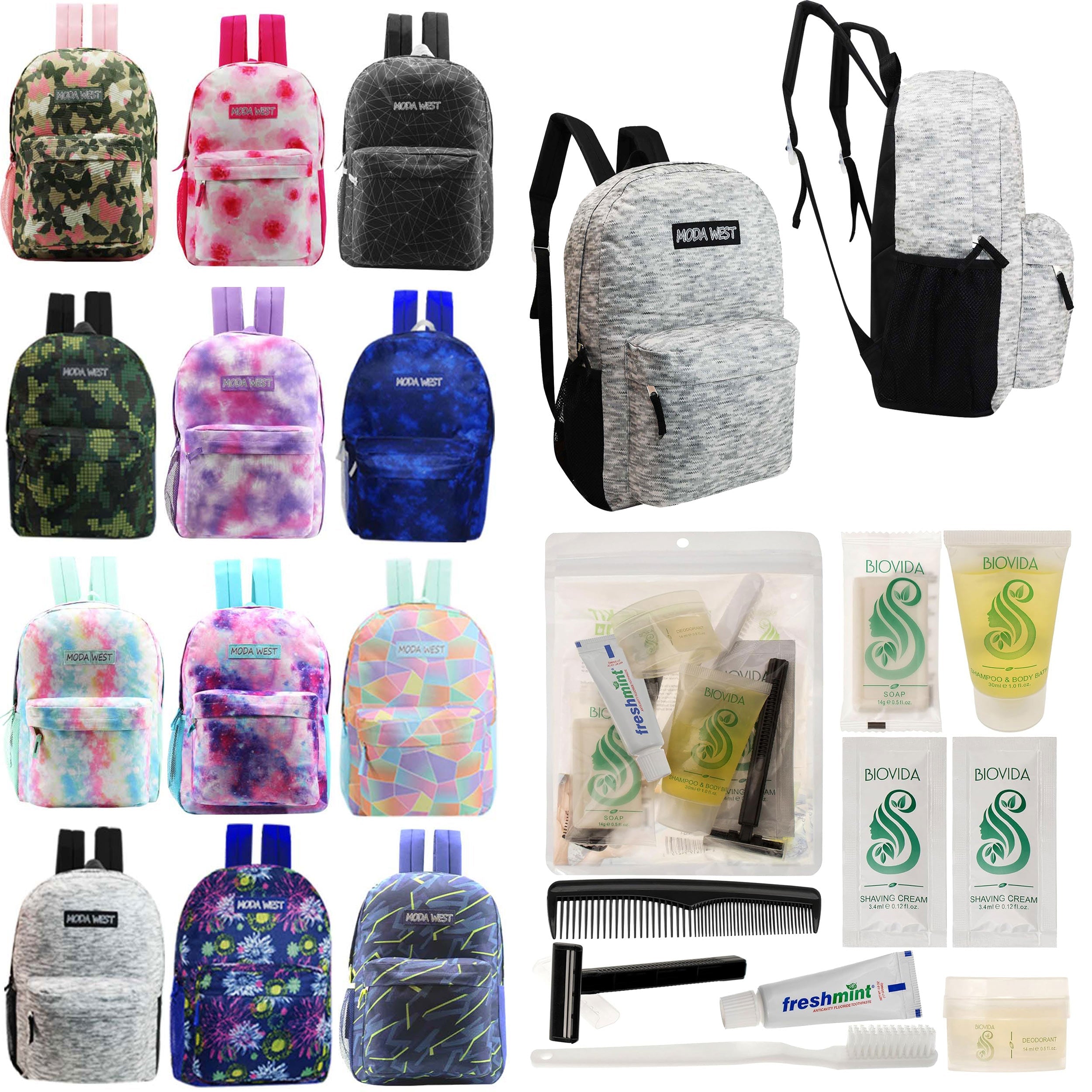 12 Patterned 17" Backpacks in Assorted Prints & Your Choice of 12 Bulk Hygiene Kits - Wholesale Care Package: Homeless, Emergency, Charity