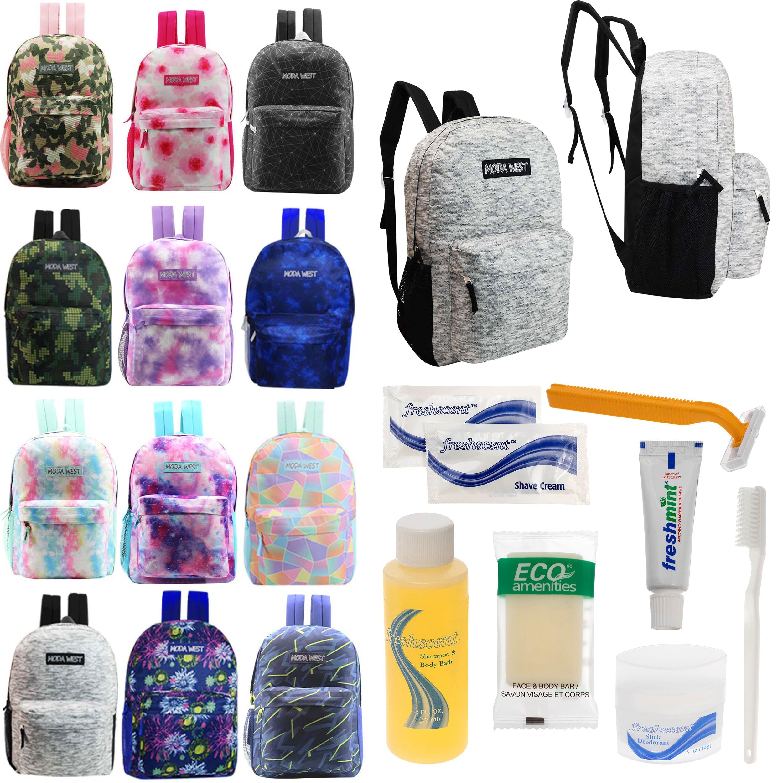 12 Patterned 17" Backpacks in Assorted Prints & Your Choice of 12 Bulk Hygiene Kits - Wholesale Care Package: Homeless, Emergency, Charity