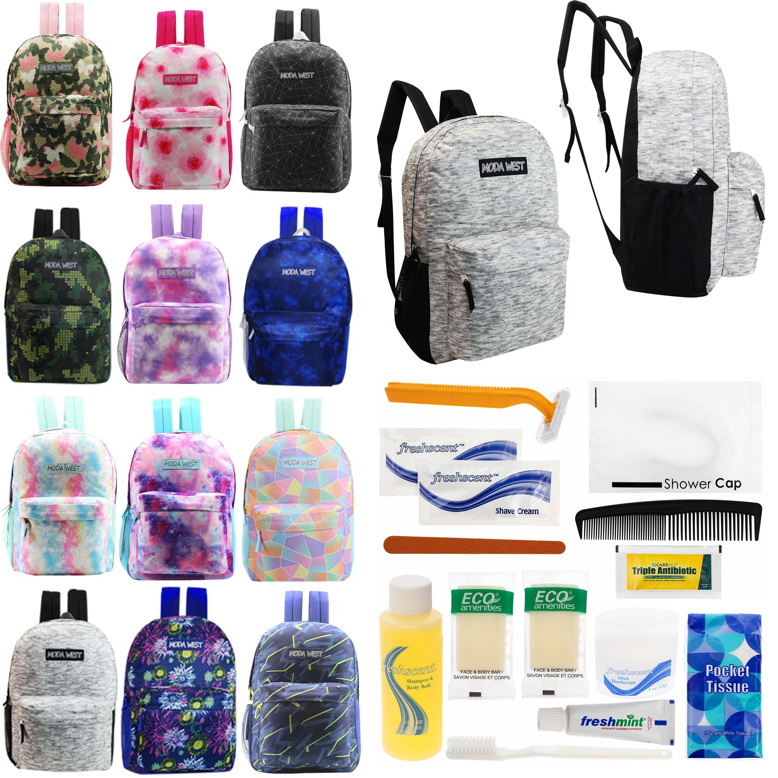 12 Patterned 17" Backpacks in Assorted Prints & Your Choice of 12 Bulk Hygiene Kits - Wholesale Care Package: Homeless, Emergency, Charity