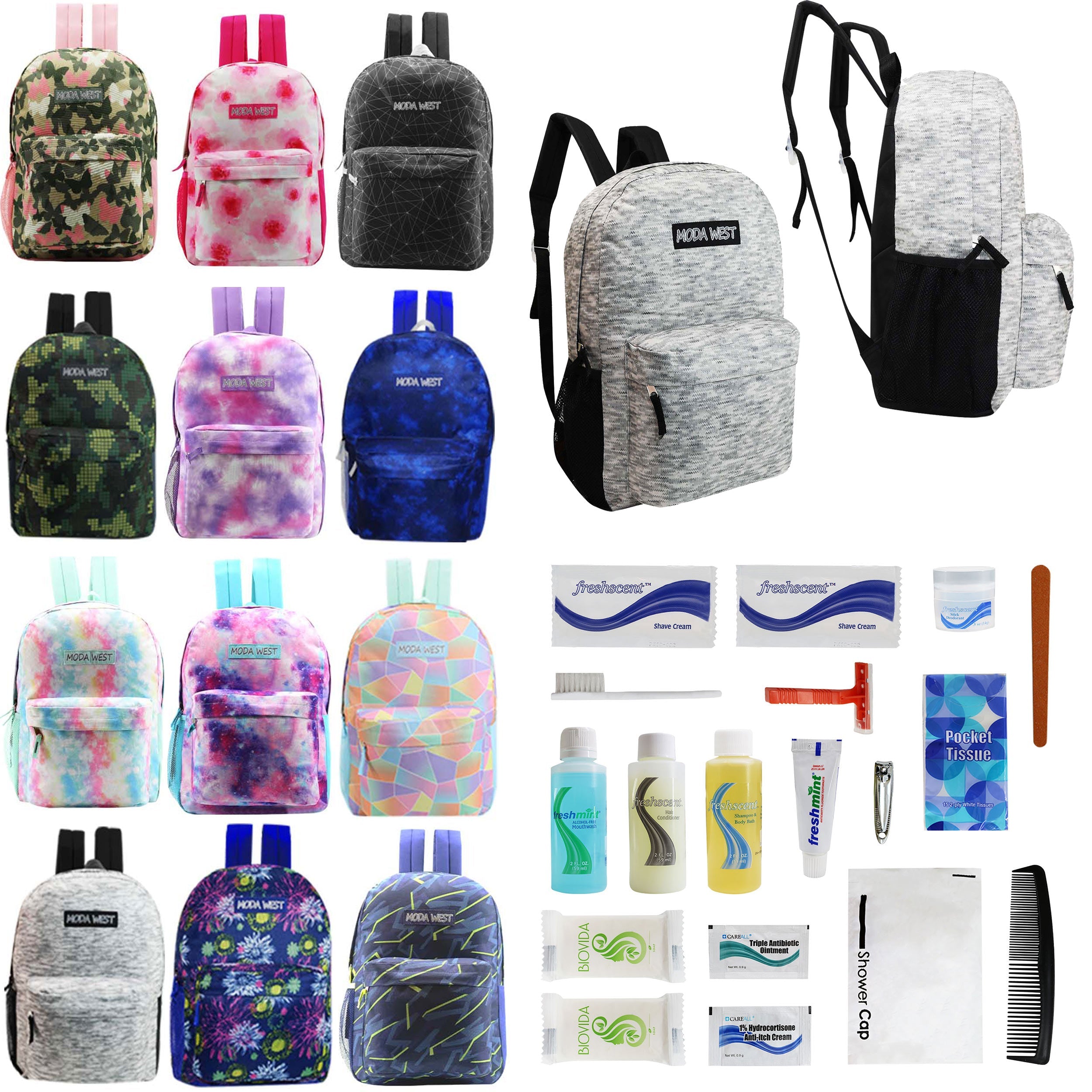 12 Patterned 17" Backpacks in Assorted Prints & Your Choice of 12 Bulk Hygiene Kits - Wholesale Care Package: Homeless, Emergency, Charity